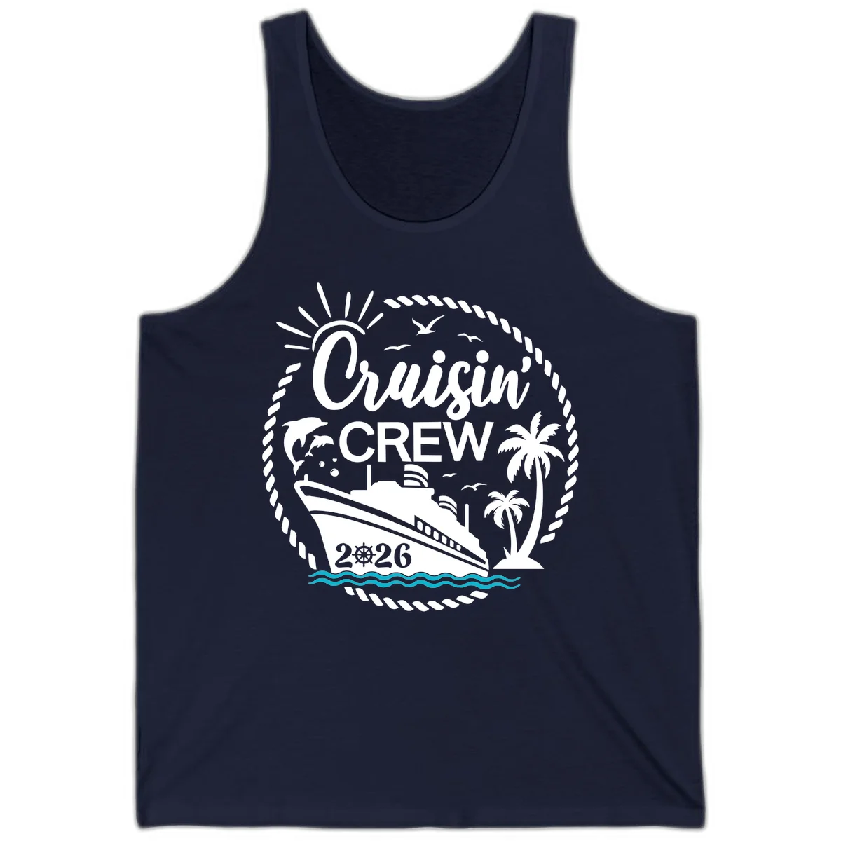 Cruisin' Crew 2026 Tropical Nautical Badge Tank Top in Navy