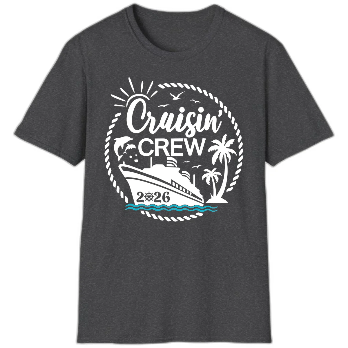Cruisin' Crew 2026 Tropical Nautical Badge T-Shirt in Dark Heather