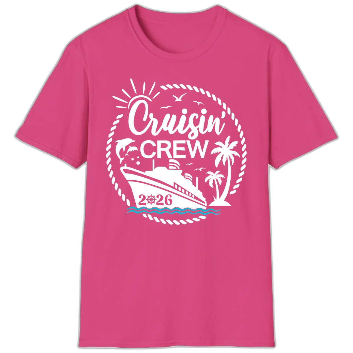 Cruisin' Crew 2026 Tropical Nautical Badge T-Shirt in Heliconia