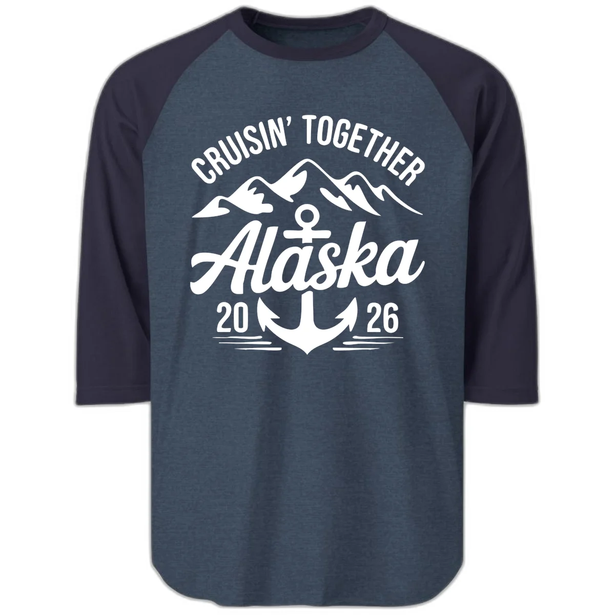 Cruisin' Together Alaska 2026 Anchor Design Raglan 3/4 Sleeve in Heather Denim Navy