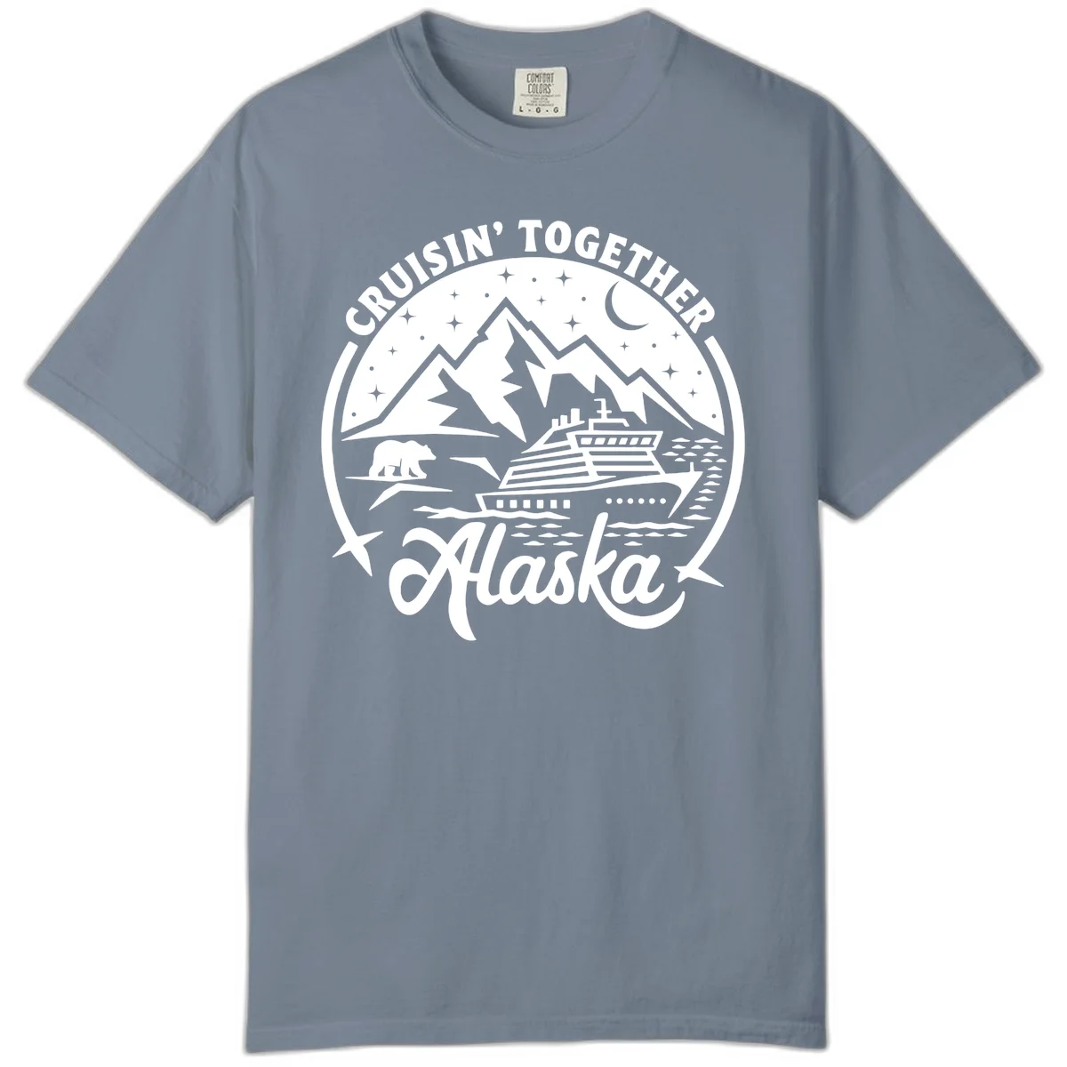 Cruisin' Together Alaska 2024 Bear Ship Comfort Color Tee in Blue Jean