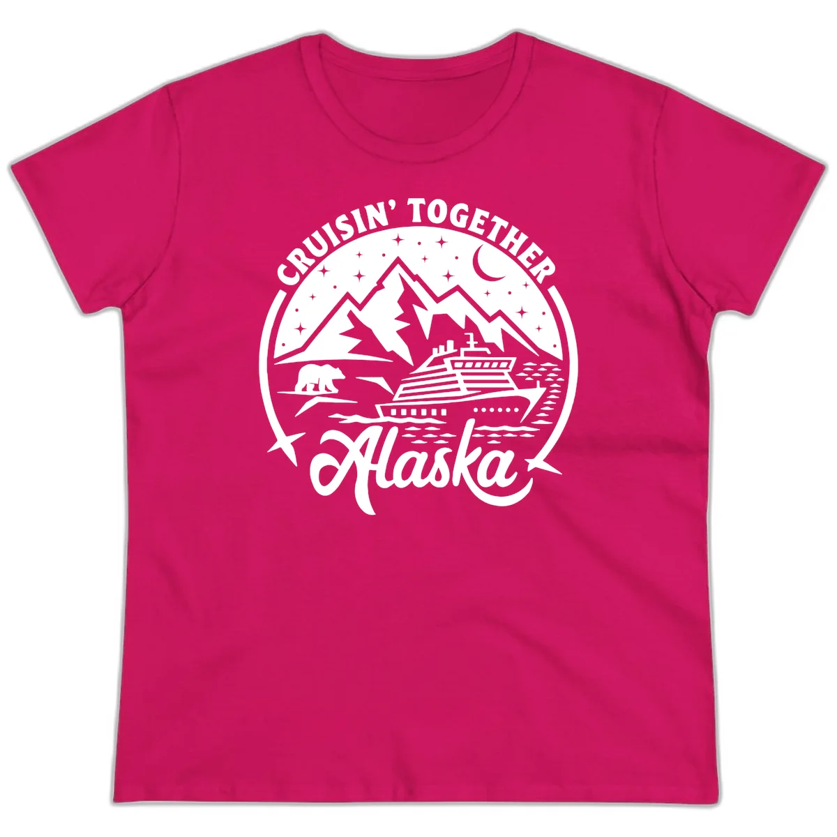 Cruisin' Together Alaska 2024 Bear Ship Ladies Tee in Heliconia