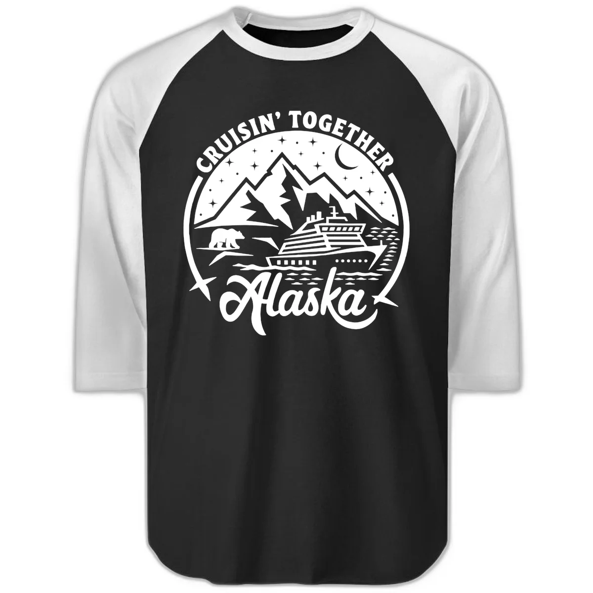 Cruisin' Together Alaska 2024 Bear Ship Raglan 3/4 Sleeve in Black White