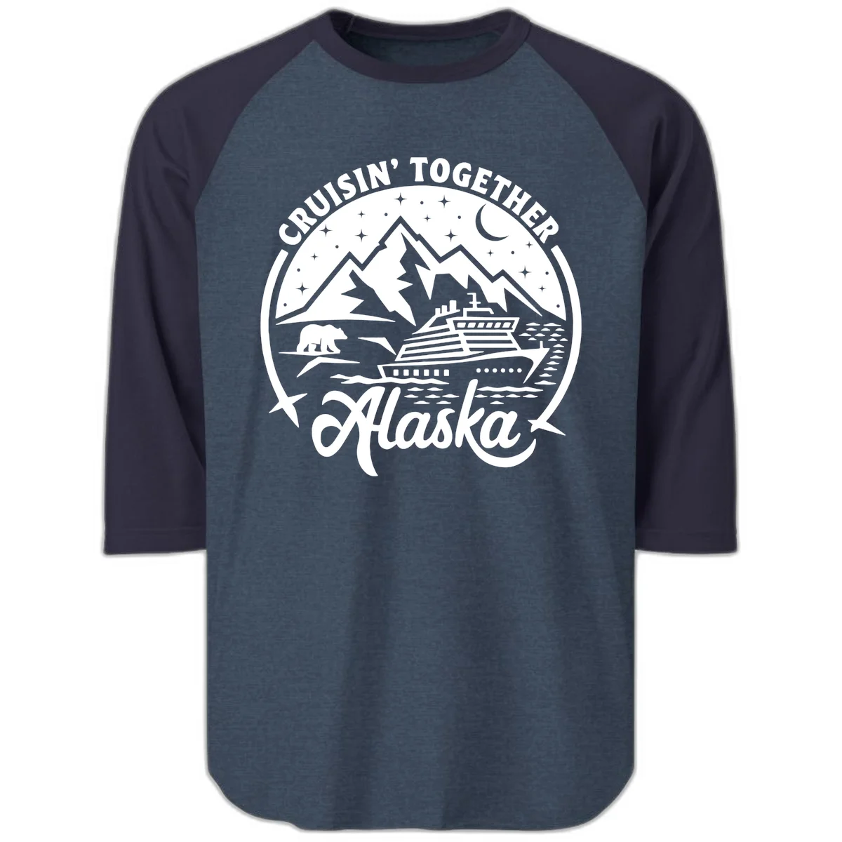 Cruisin' Together Alaska 2024 Bear Ship Raglan 3/4 Sleeve in Heather Denim Navy