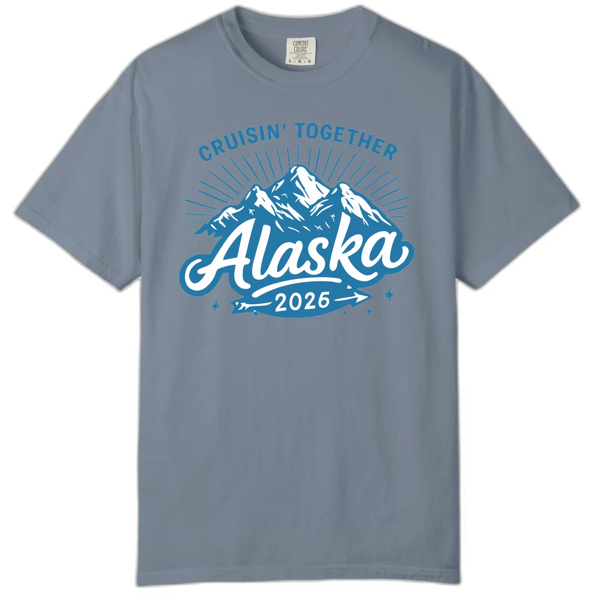 Alaska Cruisin' Together 2026 Mountain Adventure Comfort Color T-Shirt in Blue Jean