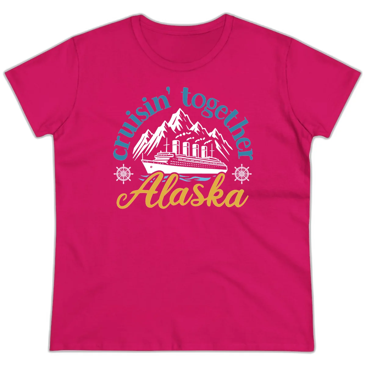 Cruisin Together Alaska Script Wave Design Ladies Tee in Heliconia