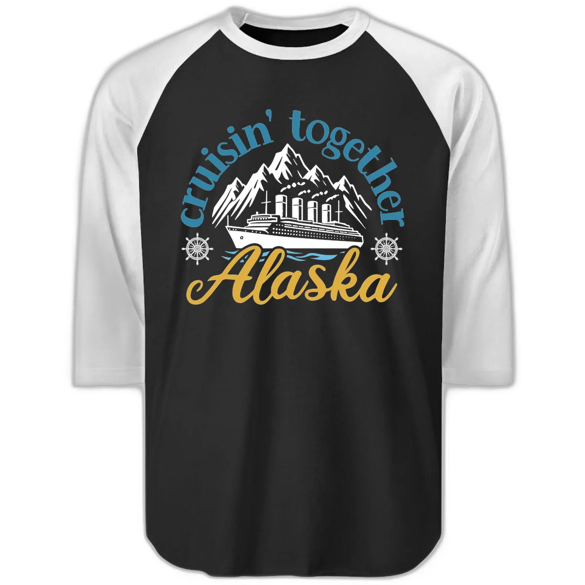 Cruisin Together Alaska Script Wave Design Raglan 3/4 in Black White