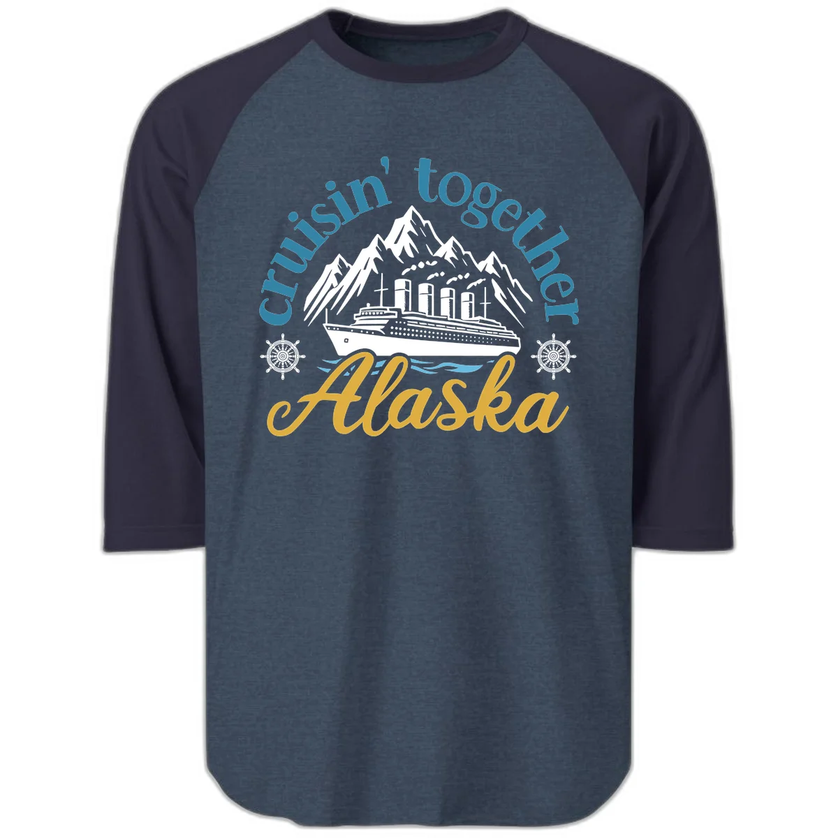Cruisin Together Alaska Script Wave Design Raglan 3/4 in Heather Denim Navy