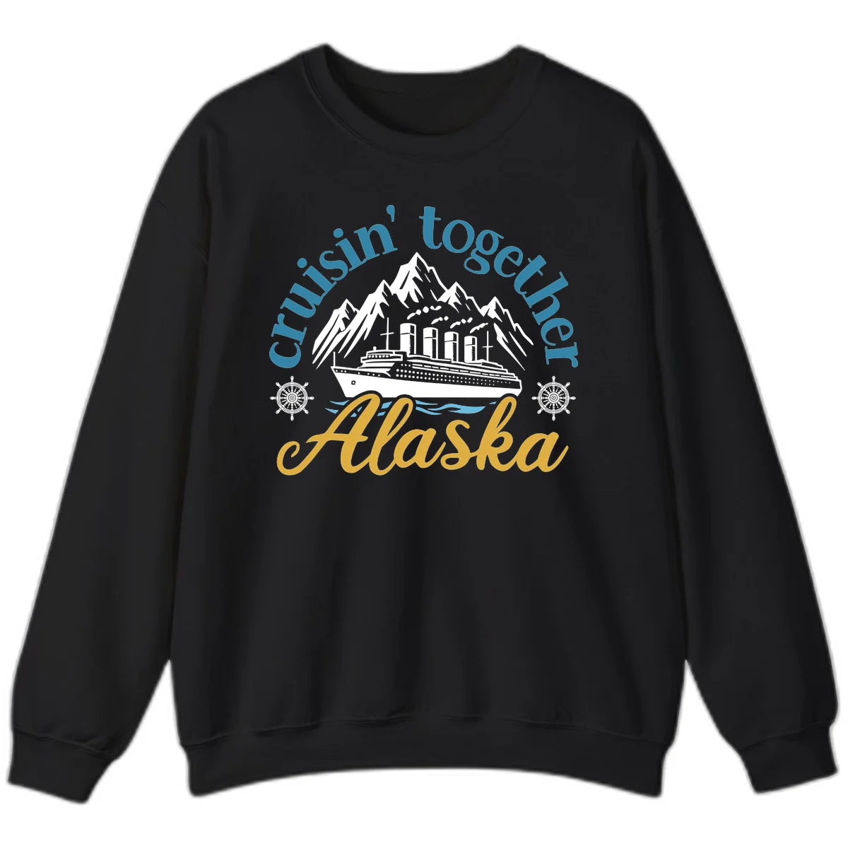 Cruisin Together Alaska Script Wave Design Sweatshirt in Black