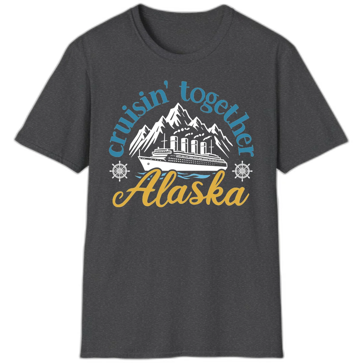 Cruisin Together Alaska Script Wave Design T-Shirt in Dark Heather