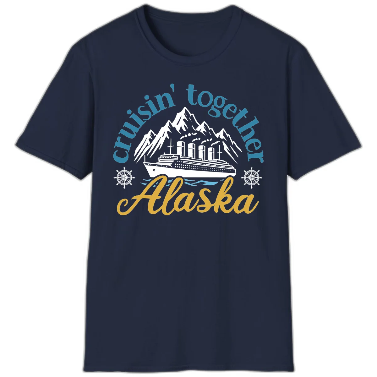 Cruisin Together Alaska Script Wave Design T-Shirt in Navy