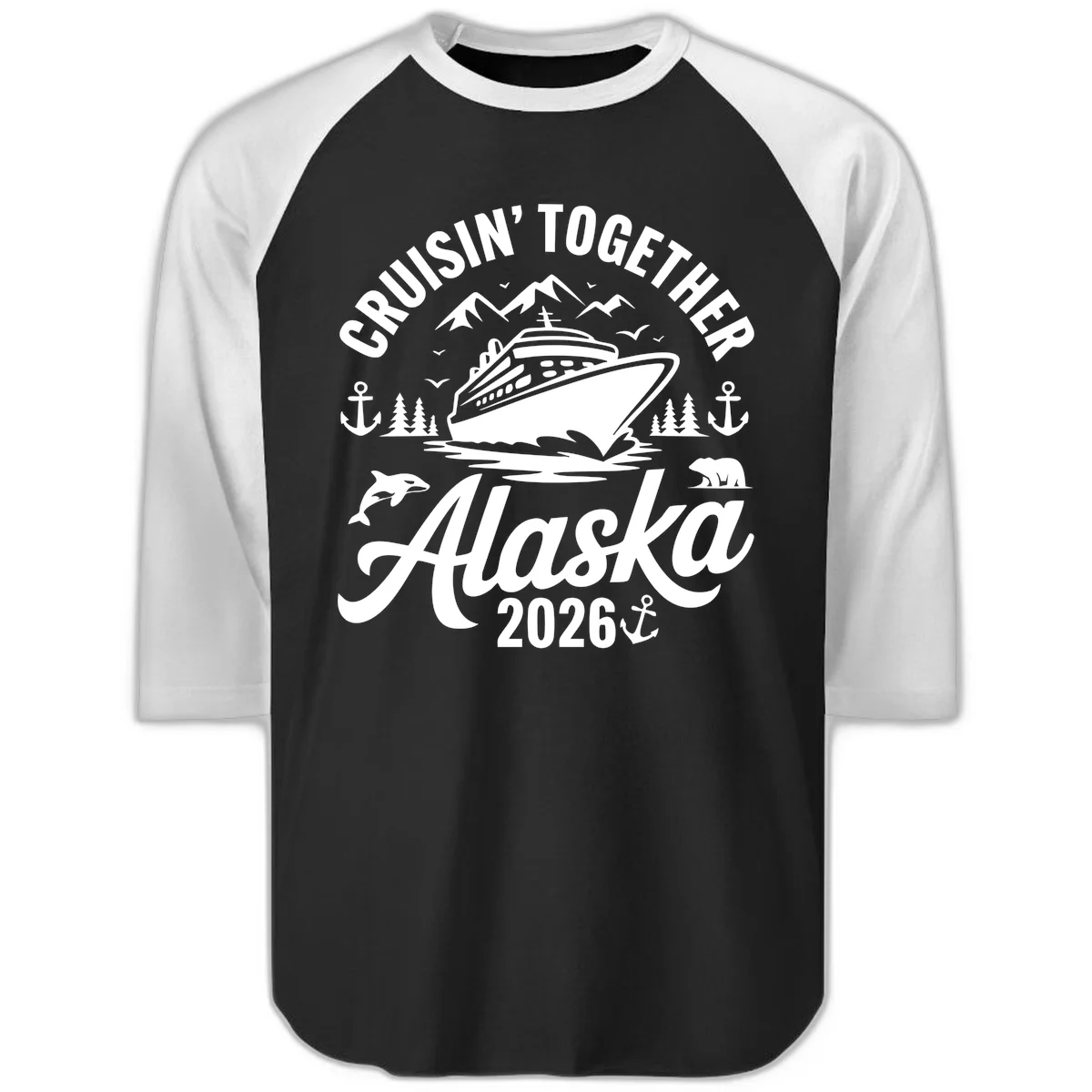 Cruisin' Together Alaska Adventure 2026 Wildlife Raglan 3/4 Sleeve in Black White