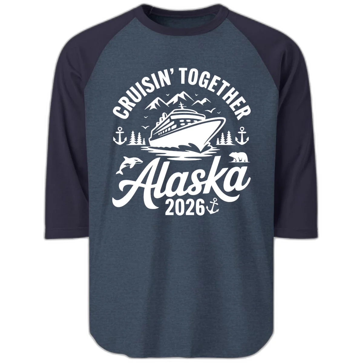 Cruisin' Together Alaska Adventure 2026 Wildlife Raglan 3/4 Sleeve in Heather Denim Navy