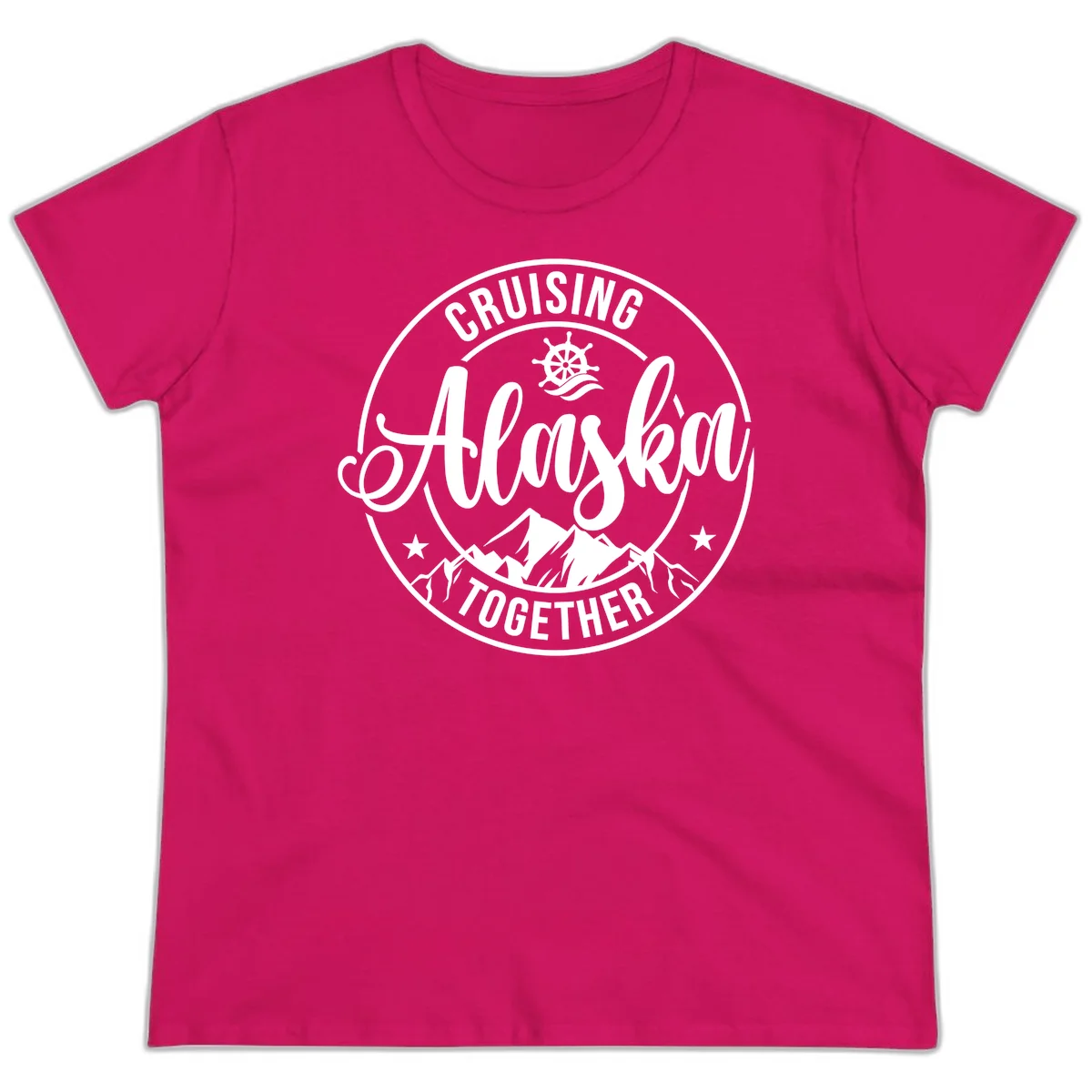 Cruising Ashore Together Badge Ladies Tee in Heliconia