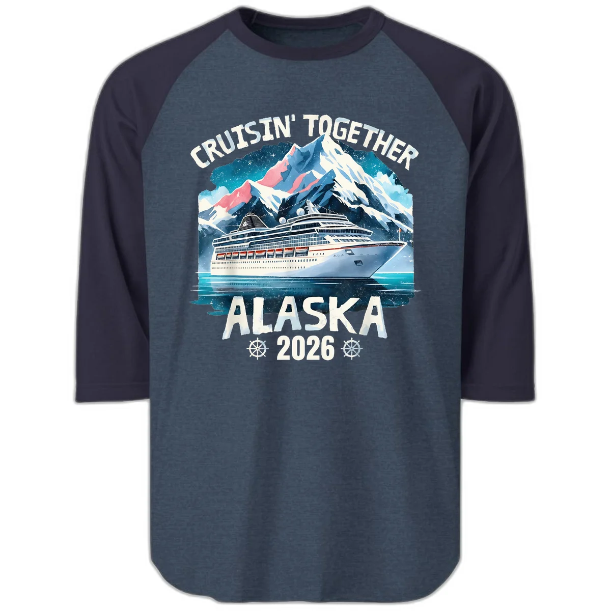 Cruising Into Alaska 2025 Raglan 3/4 in Heather Denim Navy
