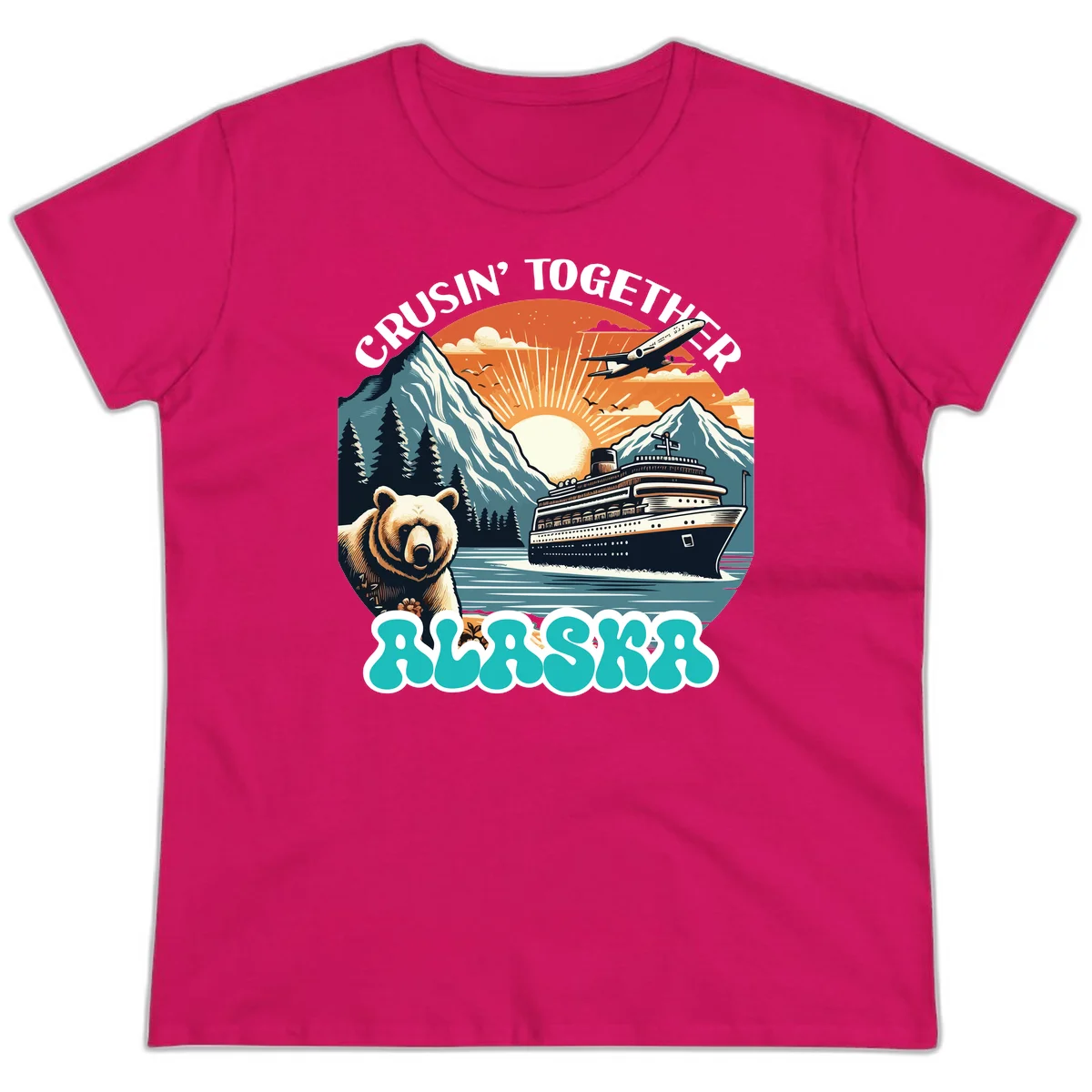 Crusin' Together Alaska Grizzly Scene Ladies Tee in Heliconia
