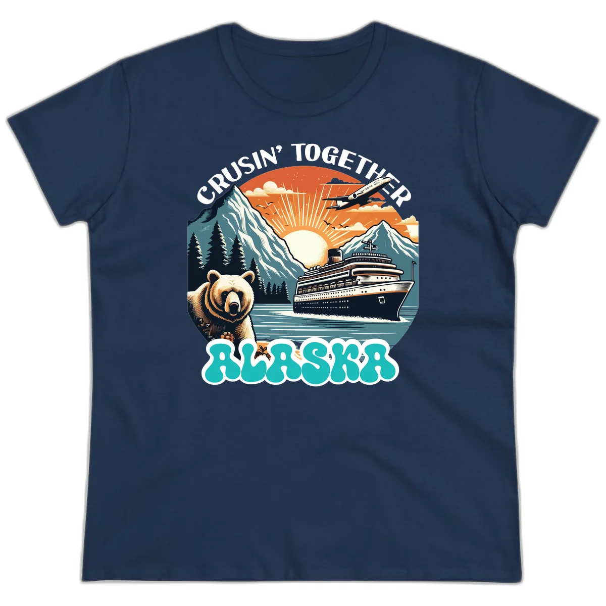 Crusin' Together Alaska Grizzly Scene Ladies Tee in Navy