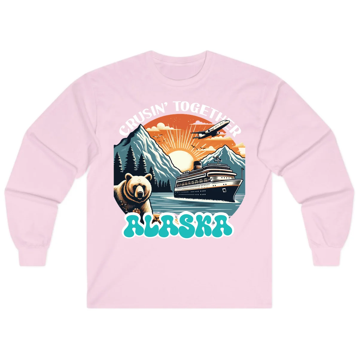 Crusin' Together Alaska Grizzly Scene Long Sleeve in Light Pink