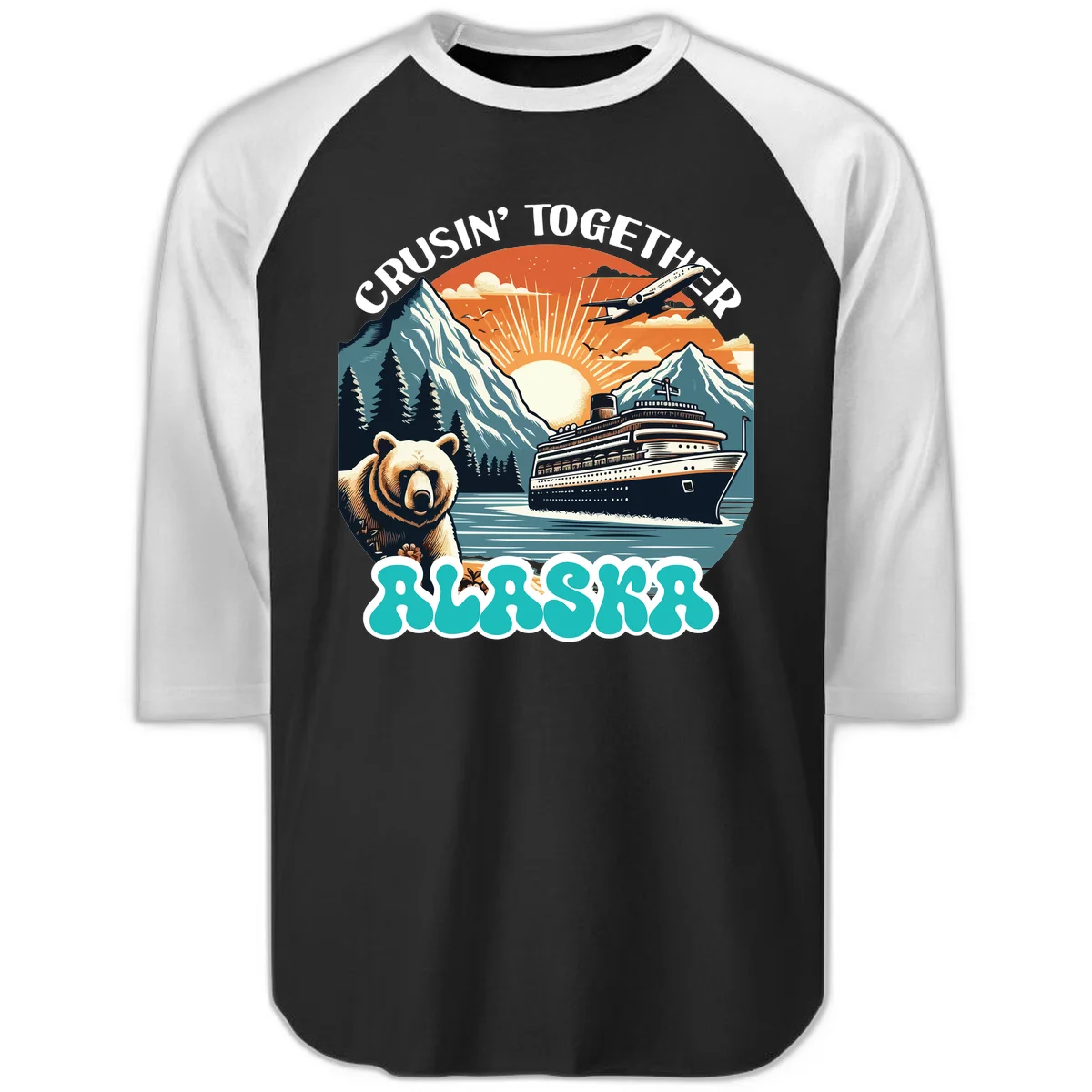 Crusin' Together Alaska Grizzly Scene Raglan 3/4 in Black White