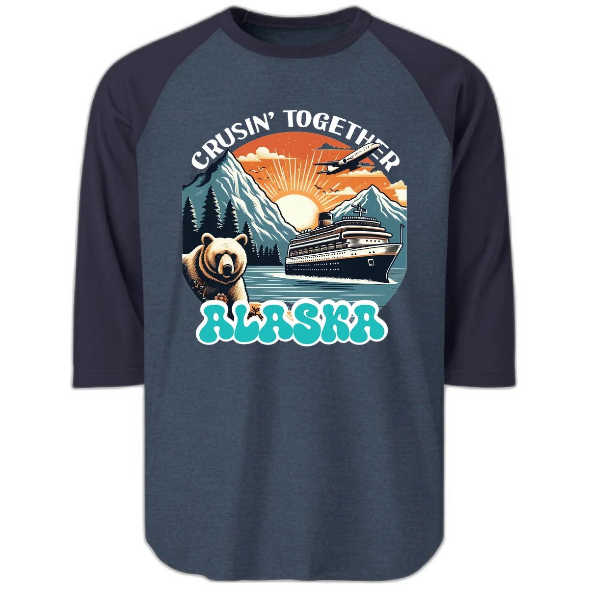 Crusin' Together Alaska Grizzly Scene Raglan 3/4 in Heather Denim Navy