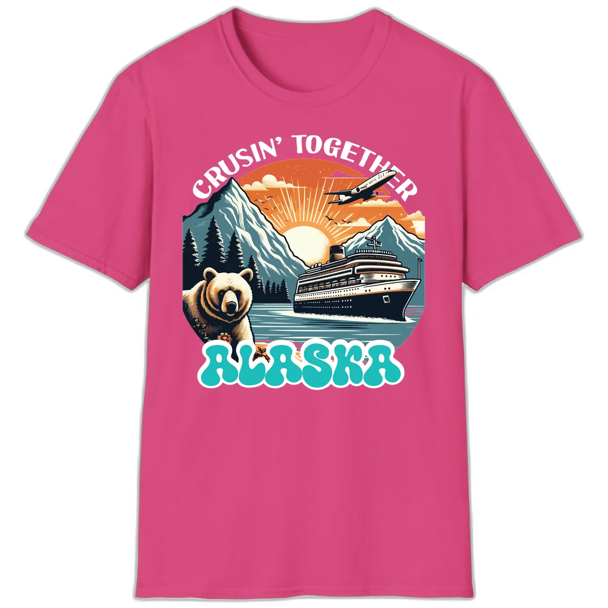 Crusin' Together Alaska Grizzly Scene T-Shirt in Heliconia