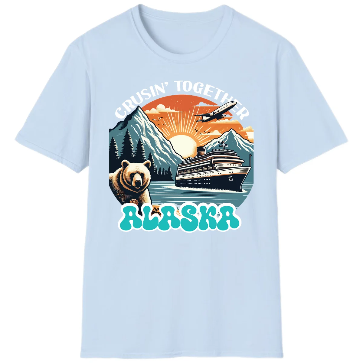 Crusin' Together Alaska Grizzly Scene T-Shirt in Light Blue