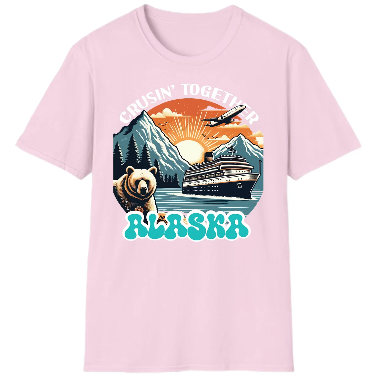 Crusin' Together Alaska Grizzly Scene T-Shirt in Light Pink