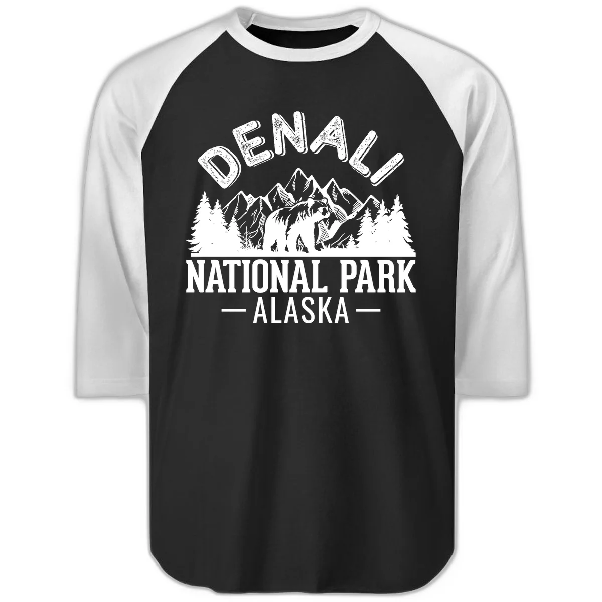 Denali National Park Alaska Wilderness Raglan 3/4 in Black White