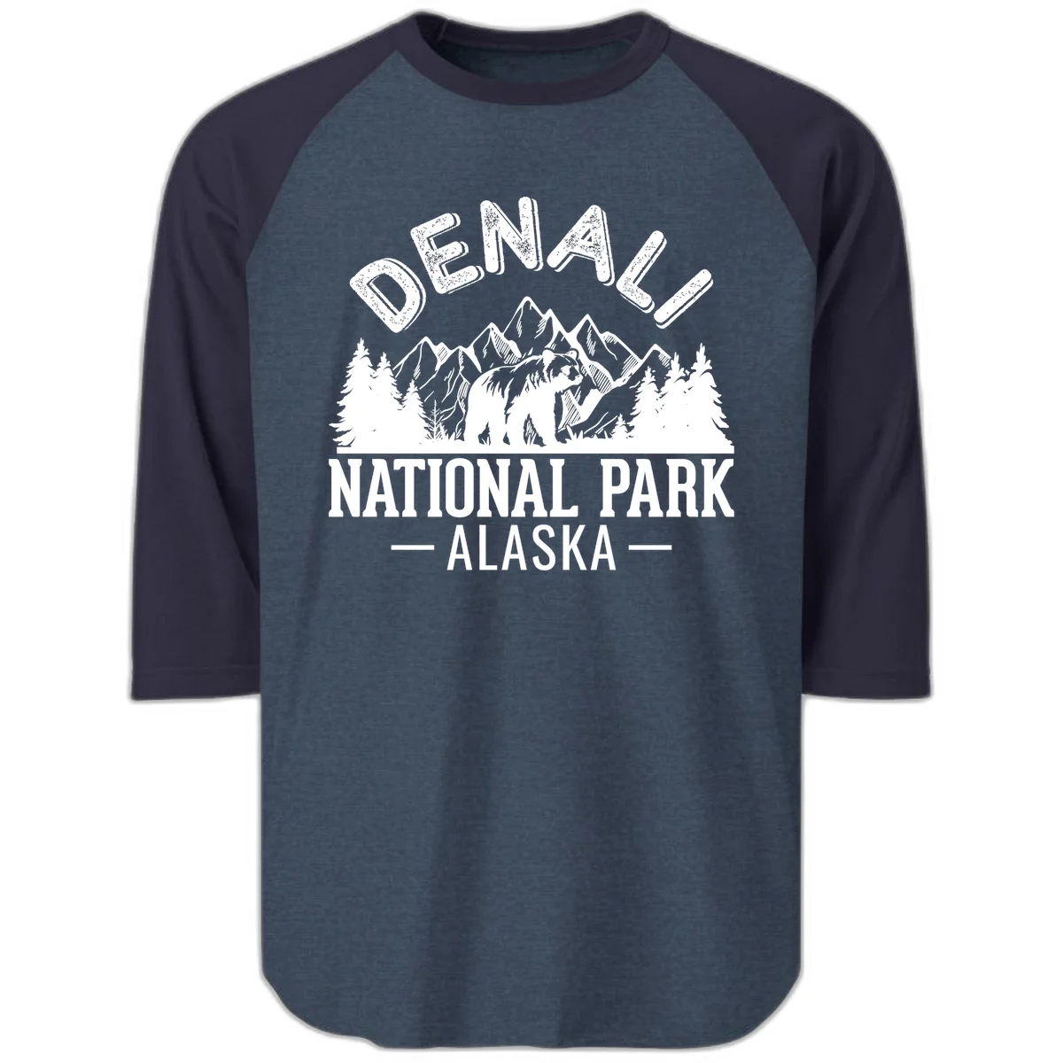 Denali National Park Alaska Wilderness Raglan 3/4 in Heather Denim Navy