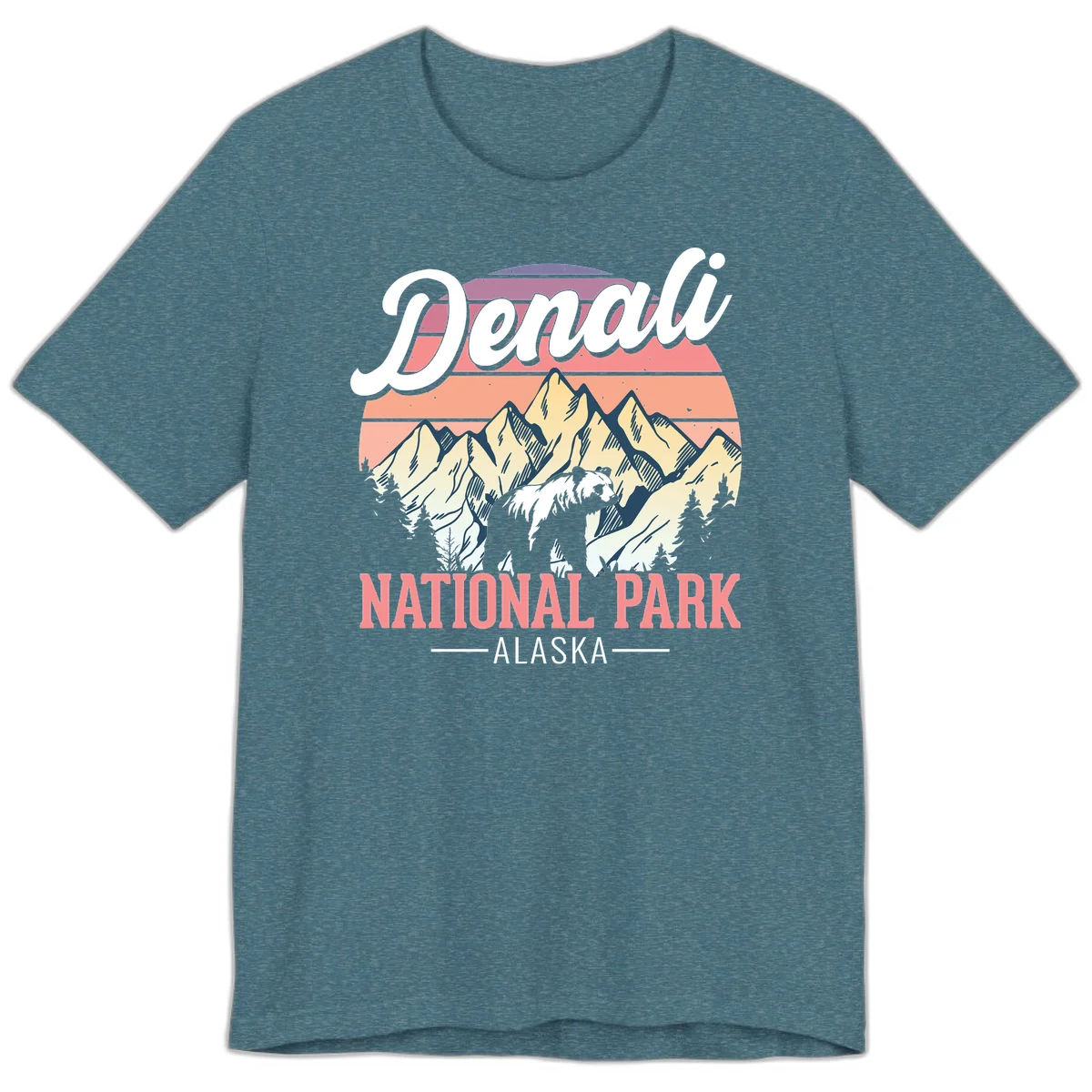 Denali National Park Sunset Peaks Premium Tee in Heather Deep Teal