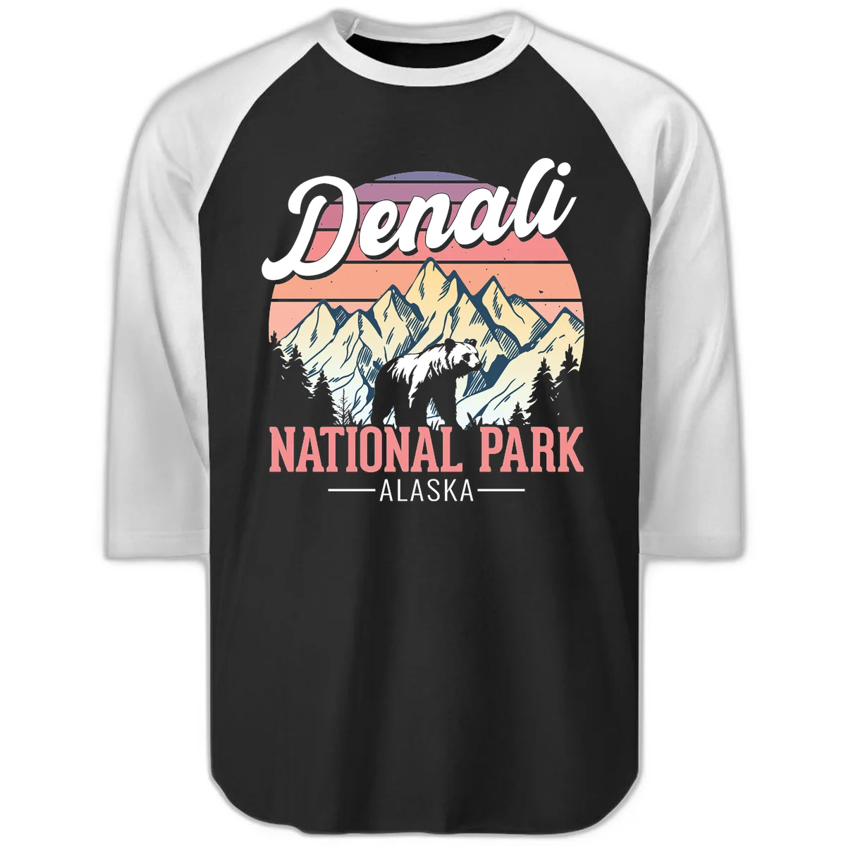 Denali National Park Sunset Peaks Raglan 3/4 in Black White