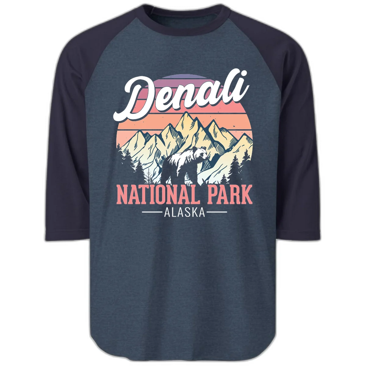 Denali National Park Sunset Peaks Raglan 3/4 in Heather Denim Navy