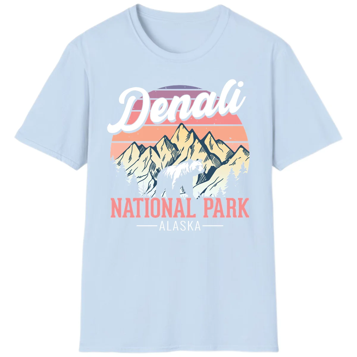 Denali National Park Sunset Peaks T-Shirt in Light Blue