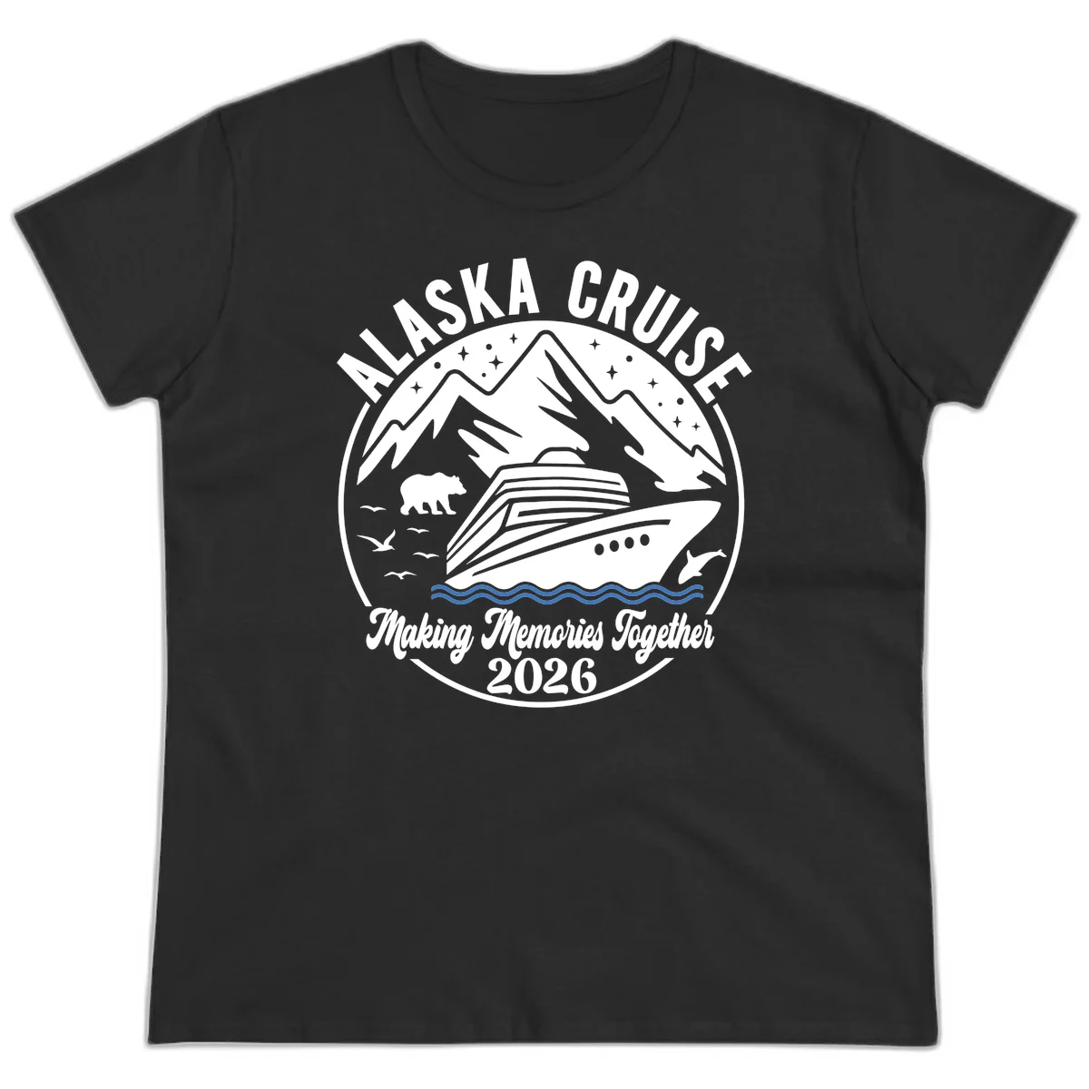 Minimalist Nautical Double Blue Ocean Waves Ladies Tee in Black