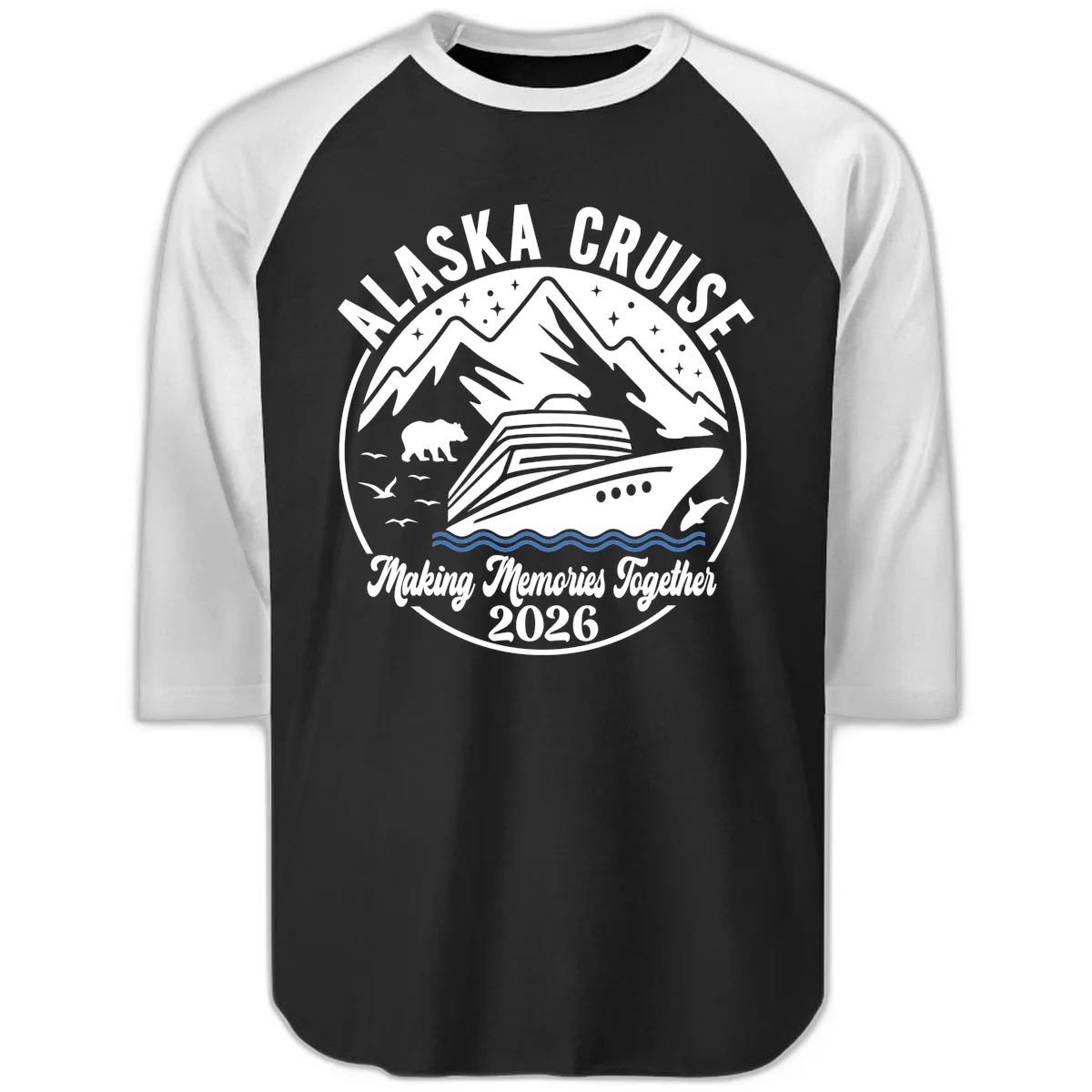 Minimalist Nautical Double Blue Ocean Waves Raglan 3/4 Sleeve in Black White