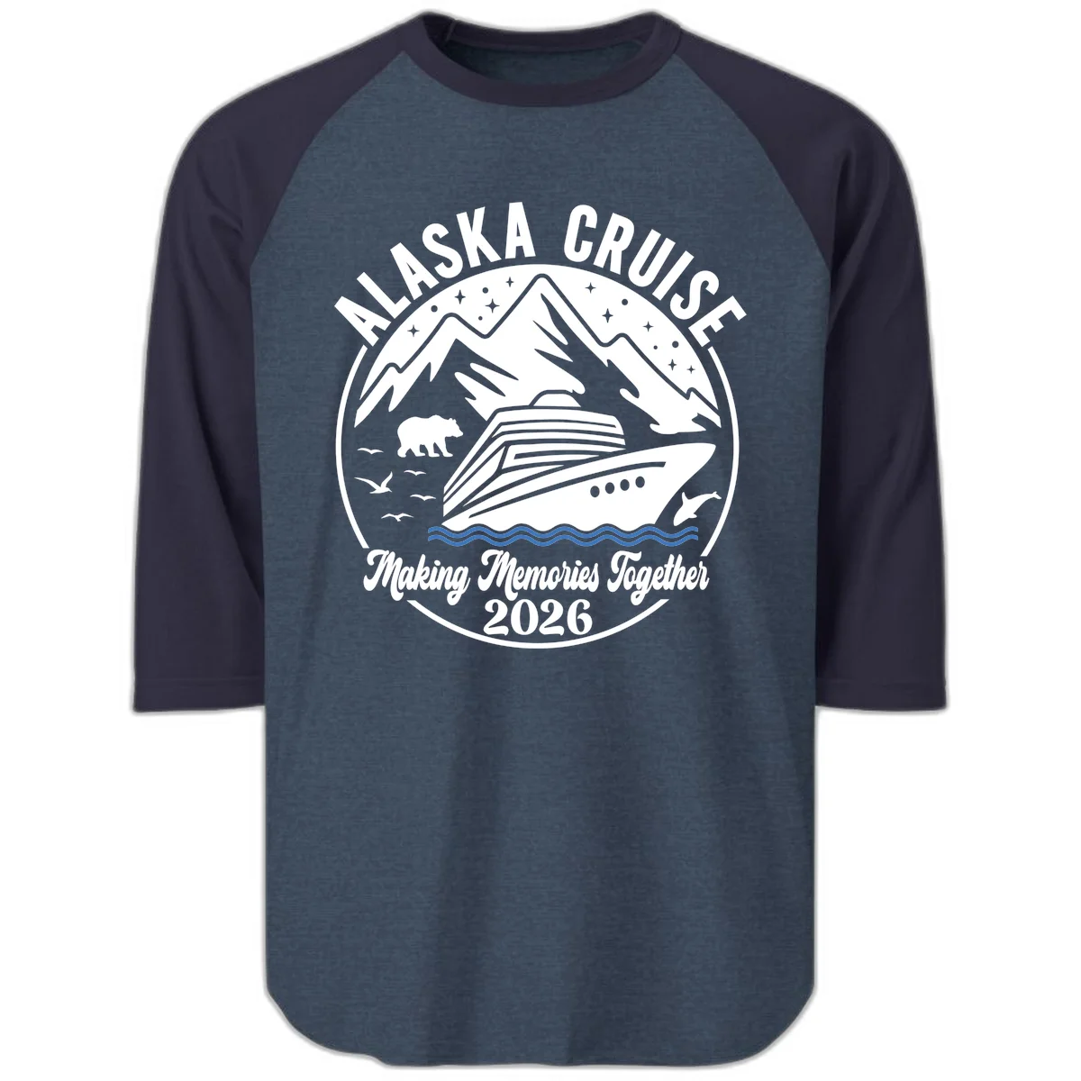 Minimalist Nautical Double Blue Ocean Waves Raglan 3/4 Sleeve in Heather Denim Navy