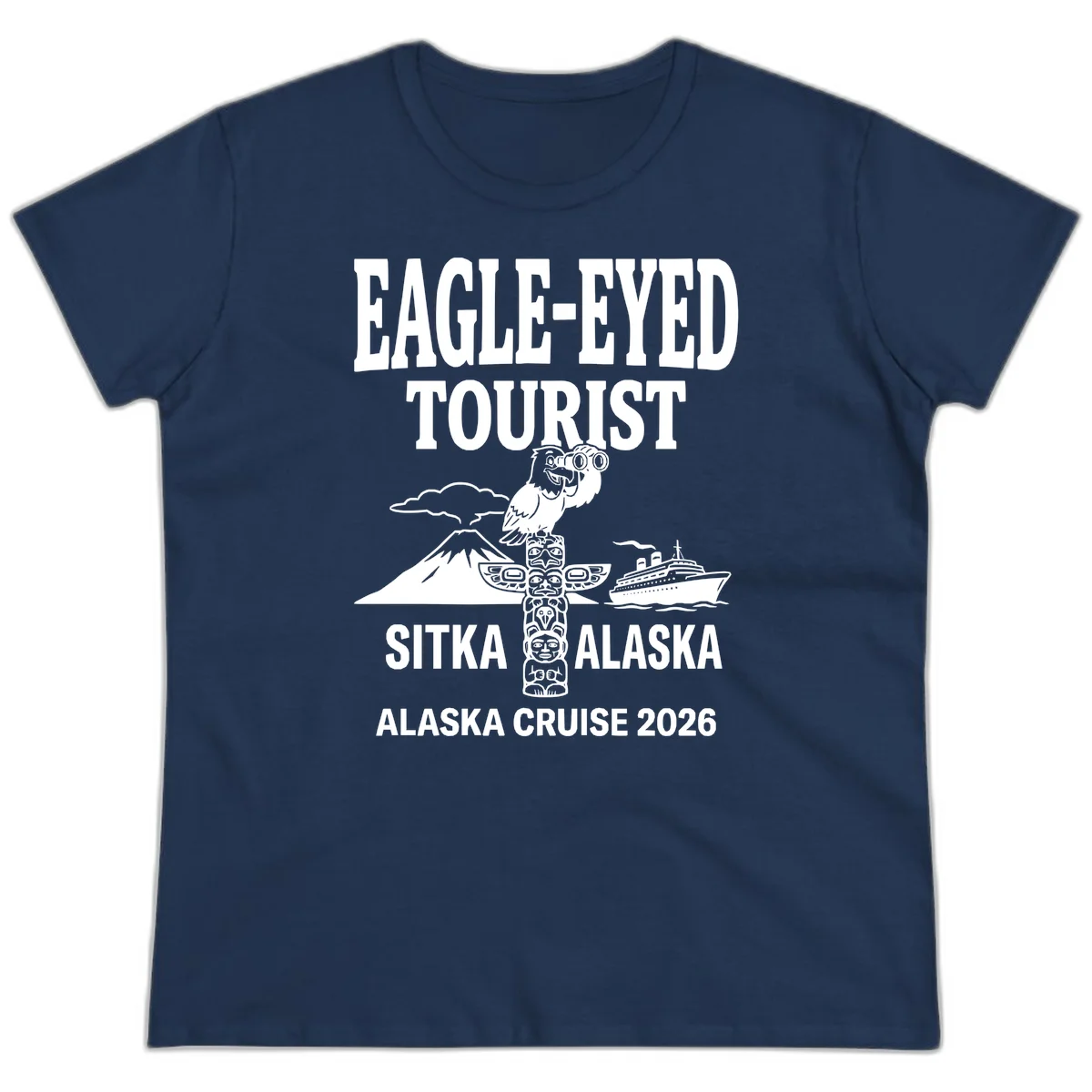 Eagle-Eyed Tourist Sitka Alaska Ladies Tee in Navy