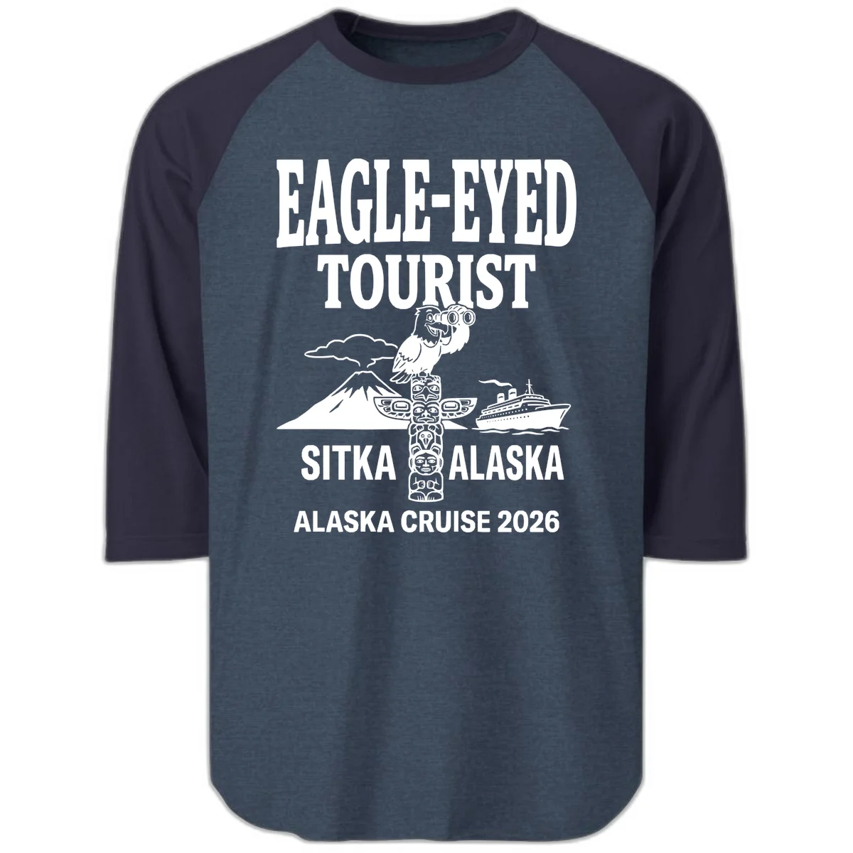 Eagle-Eyed Tourist Sitka Alaska Raglan 3/4 in Heather Denim Navy