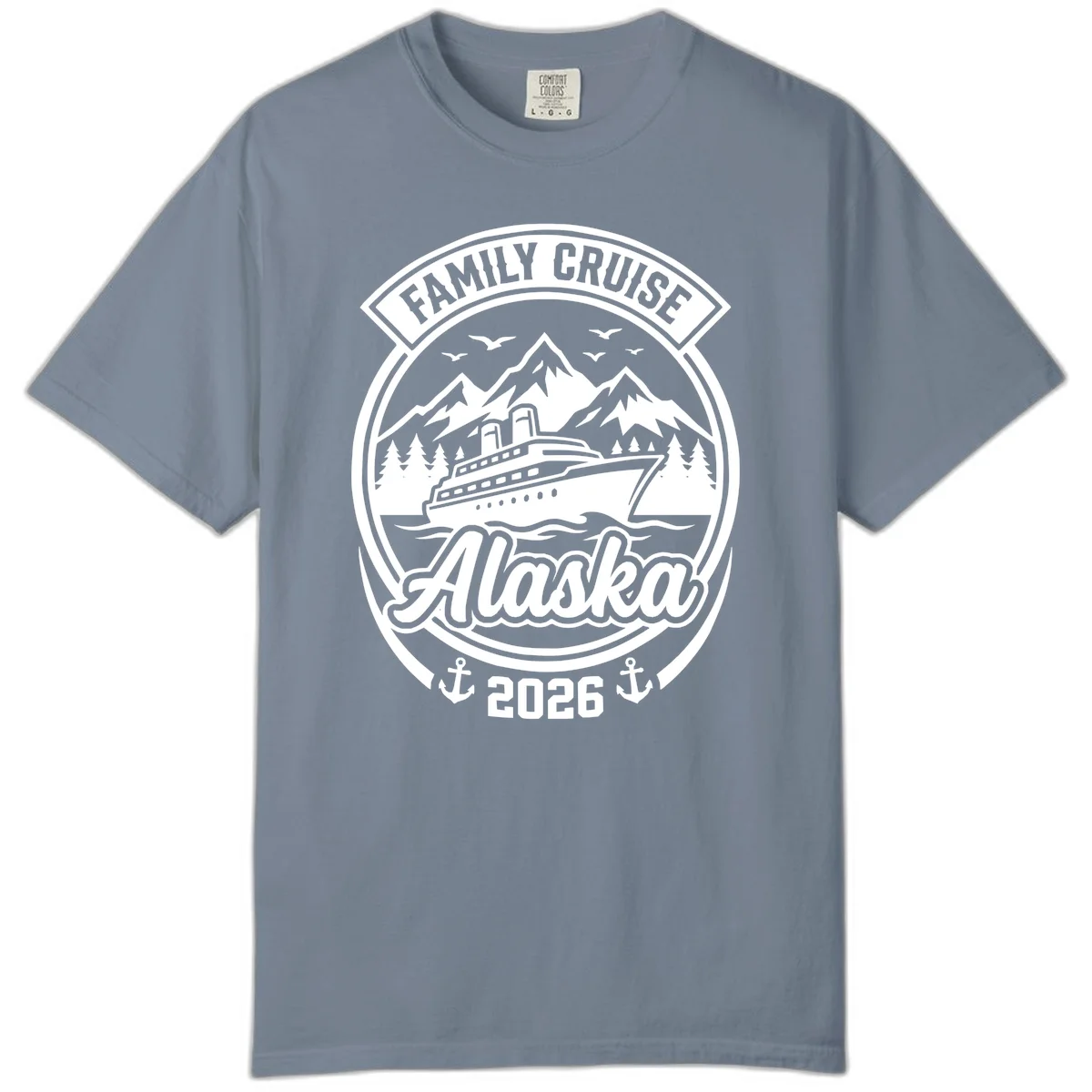 Family Cruise Alaska Badge Comfort Color Tee in Blue Jean