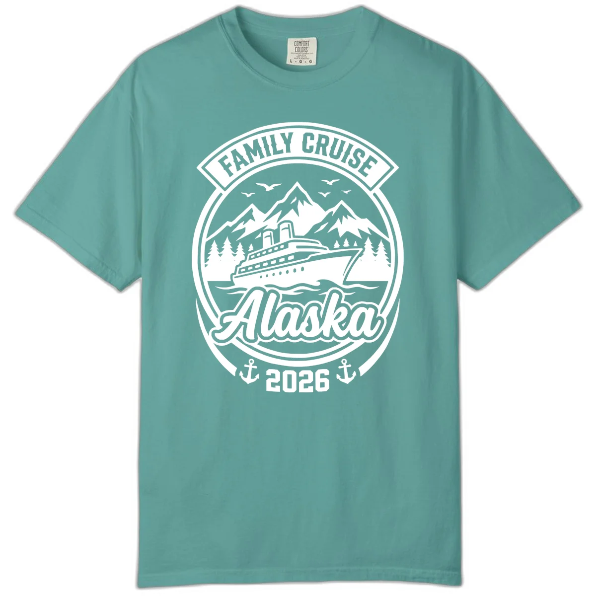Family Cruise Alaska Badge Comfort Color Tee in Seafoam