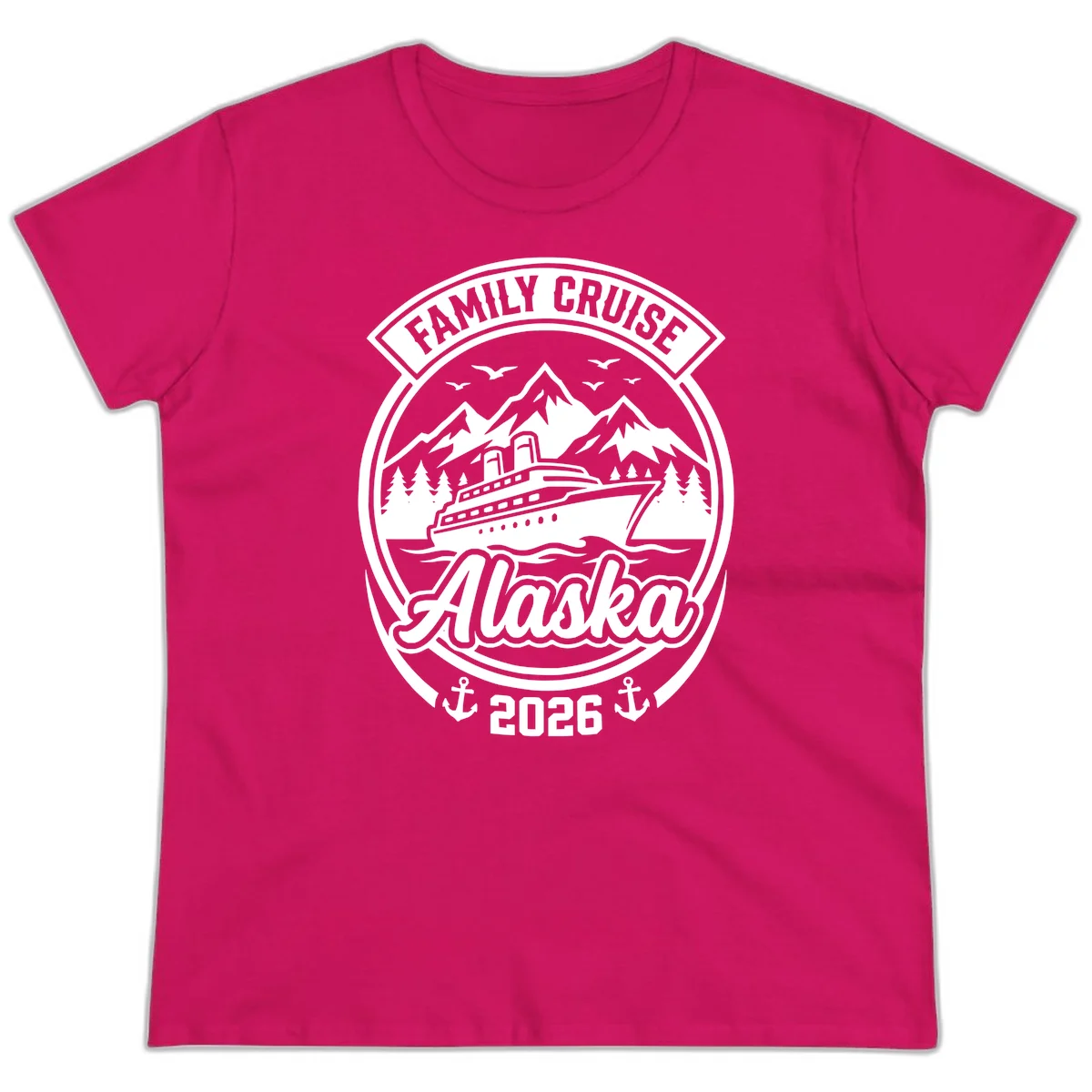 Family Cruise Alaska Badge Ladies Tee in Heliconia