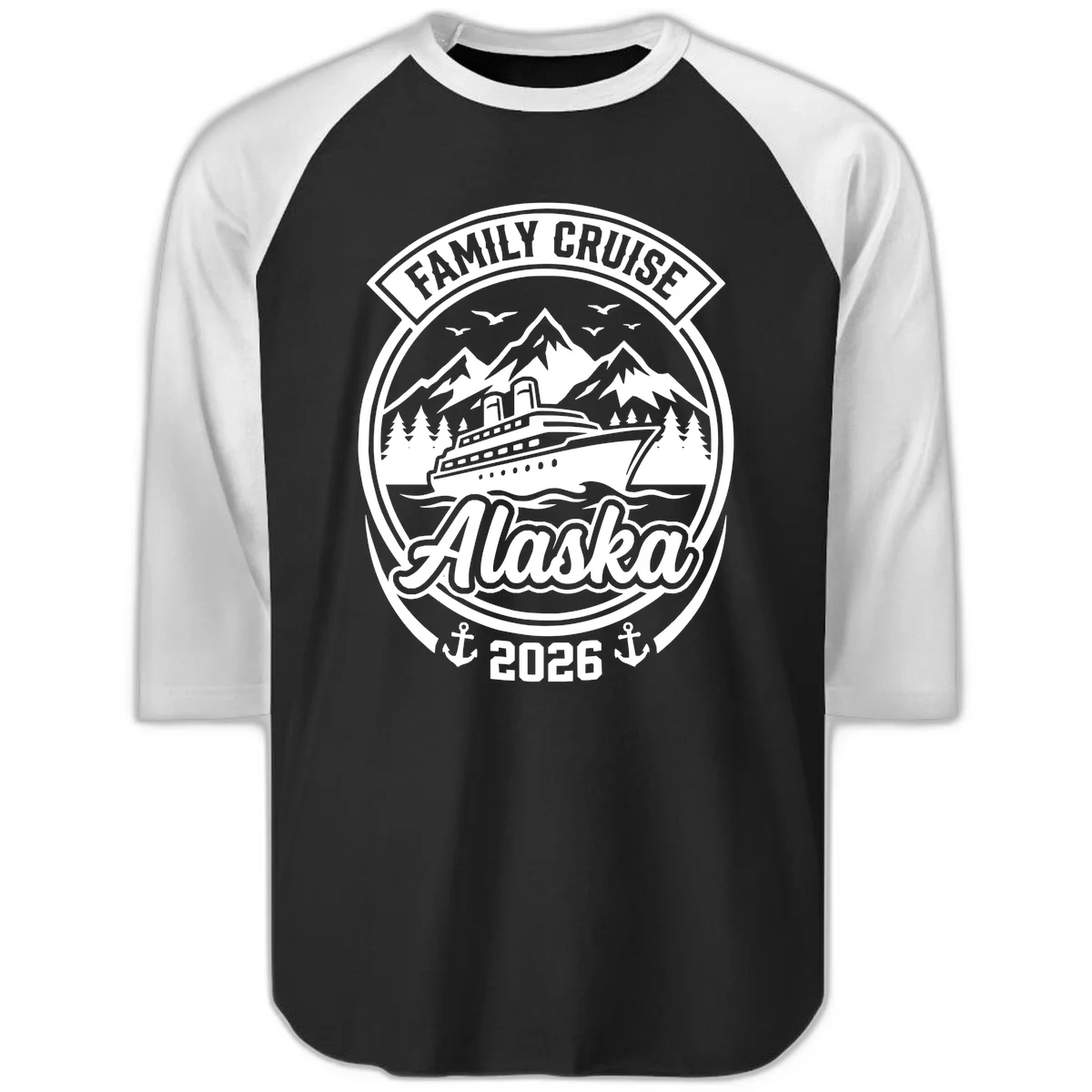 Family Cruise Alaska Badge Raglan 3/4 Sleeve in Black White