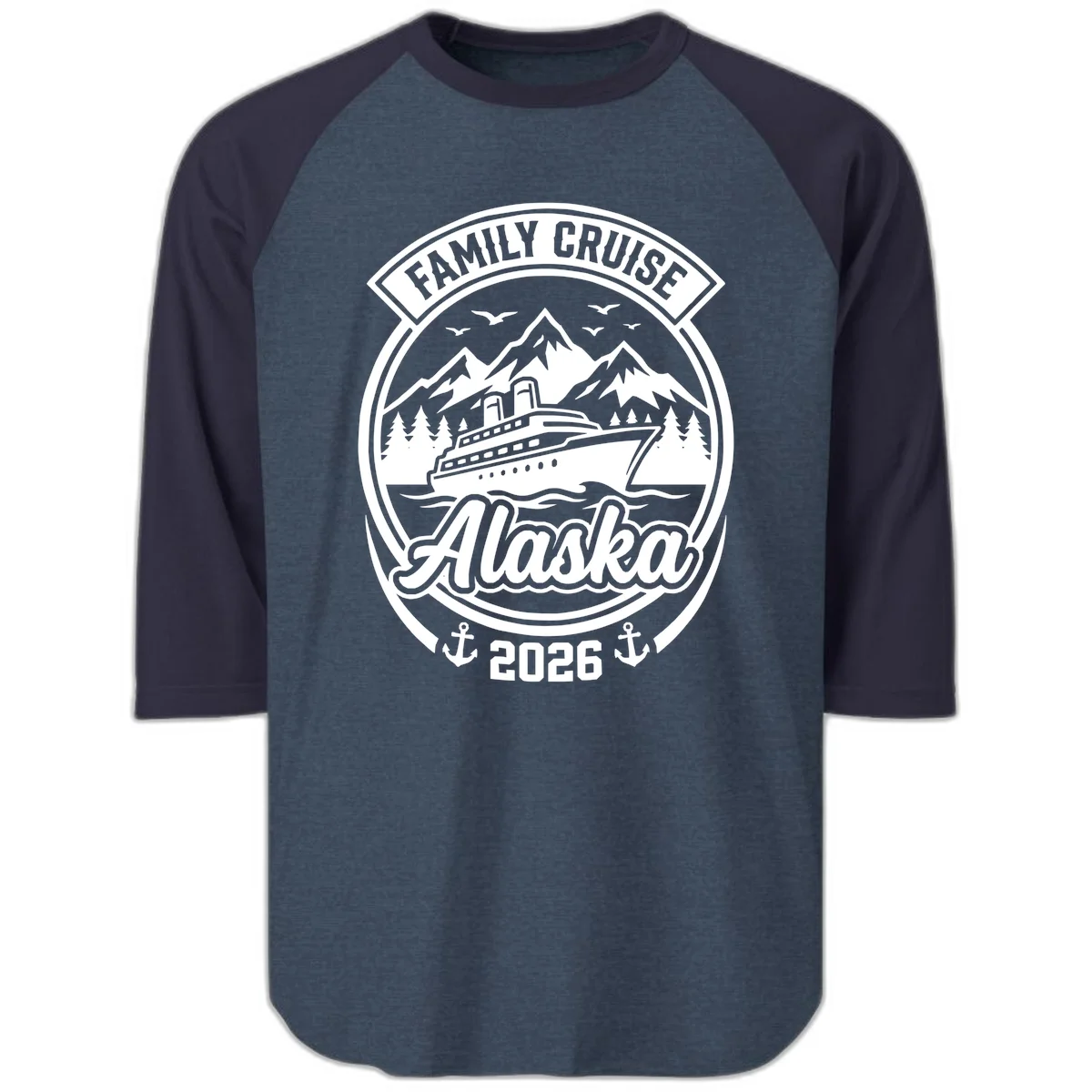 Family Cruise Alaska Badge Raglan 3/4 Sleeve in Heather Denim Navy