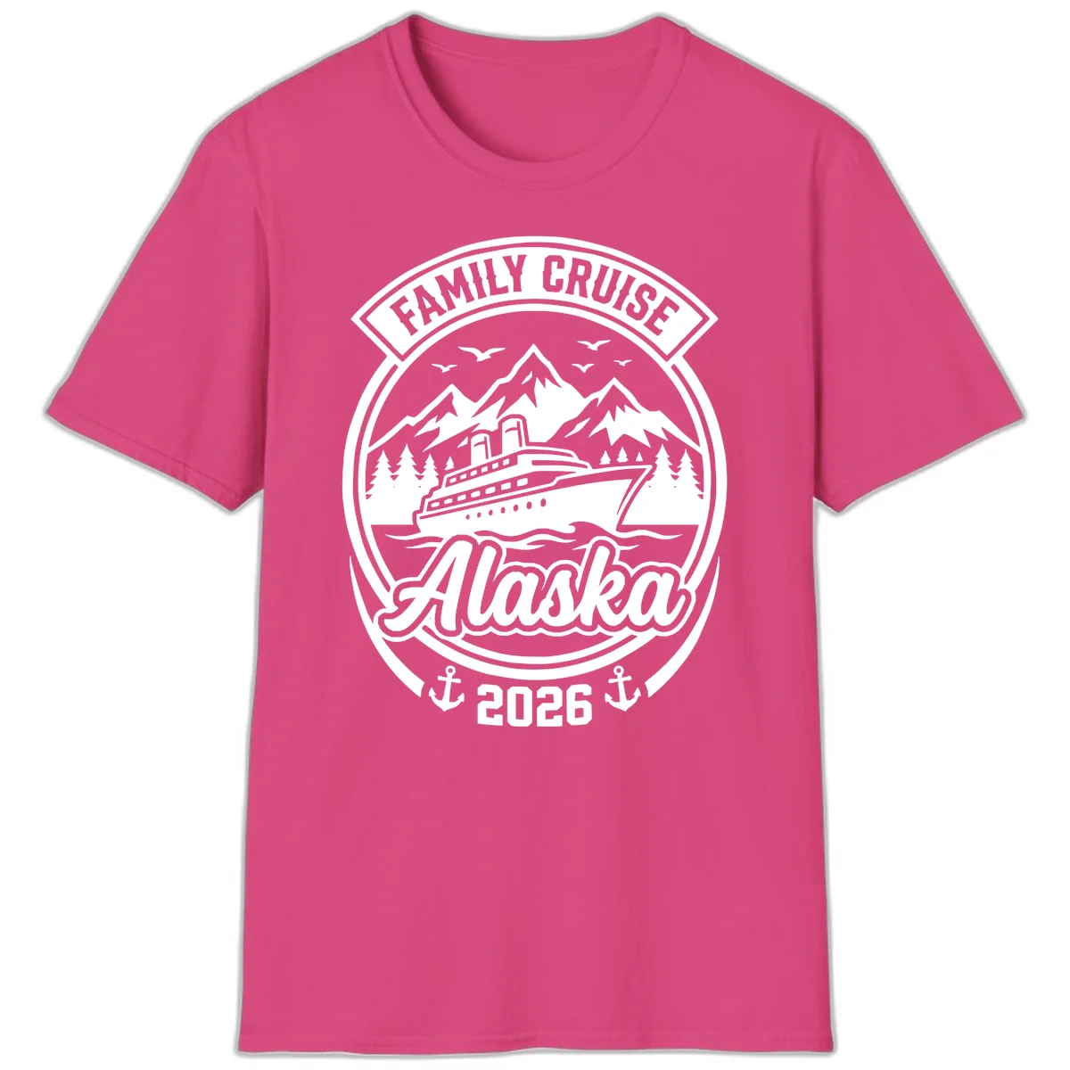 Family Cruise Alaska Badge Design T-Shirt in Heliconia