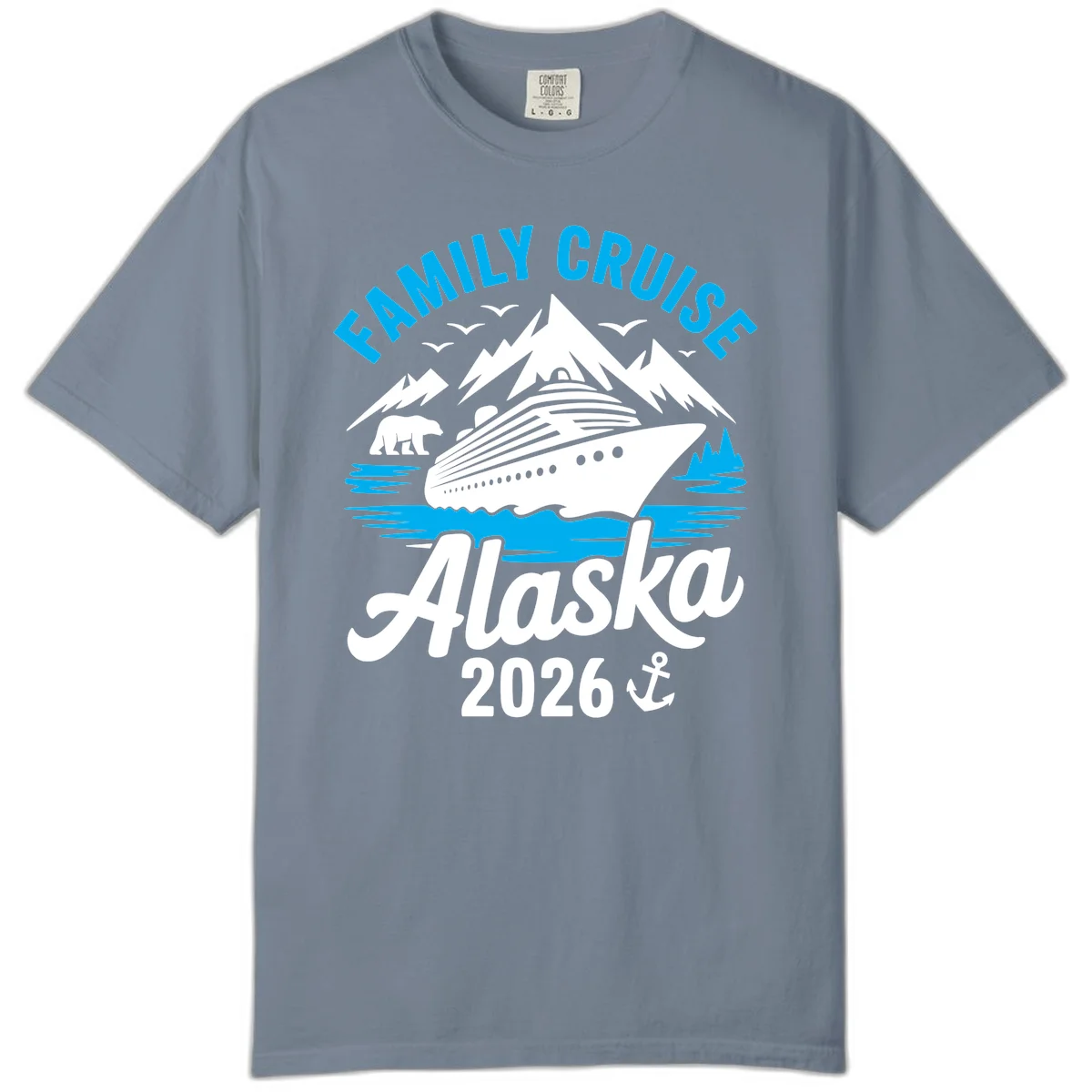 Family Cruise Alaska Mountain Scenic Comfort Color Tee in Blue Jean
