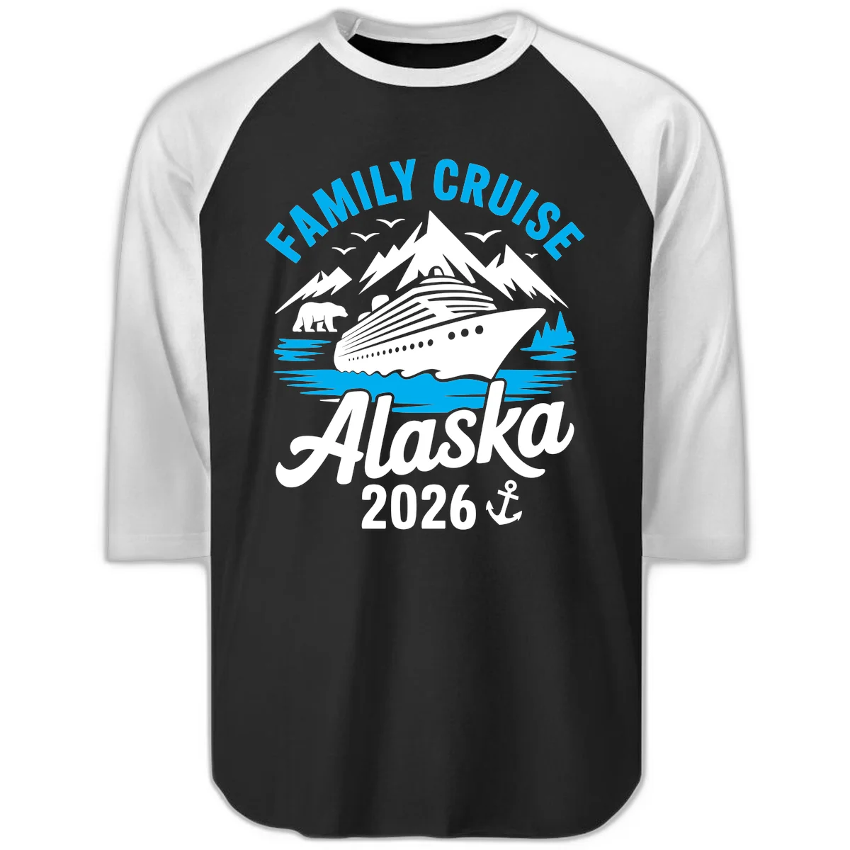 Family Cruise Alaska Mountain Scenic Raglan 3/4 Sleeve in Black White
