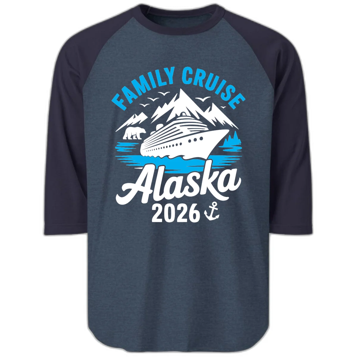 Family Cruise Alaska Mountain Scenic Raglan 3/4 Sleeve in Heather Denim Navy