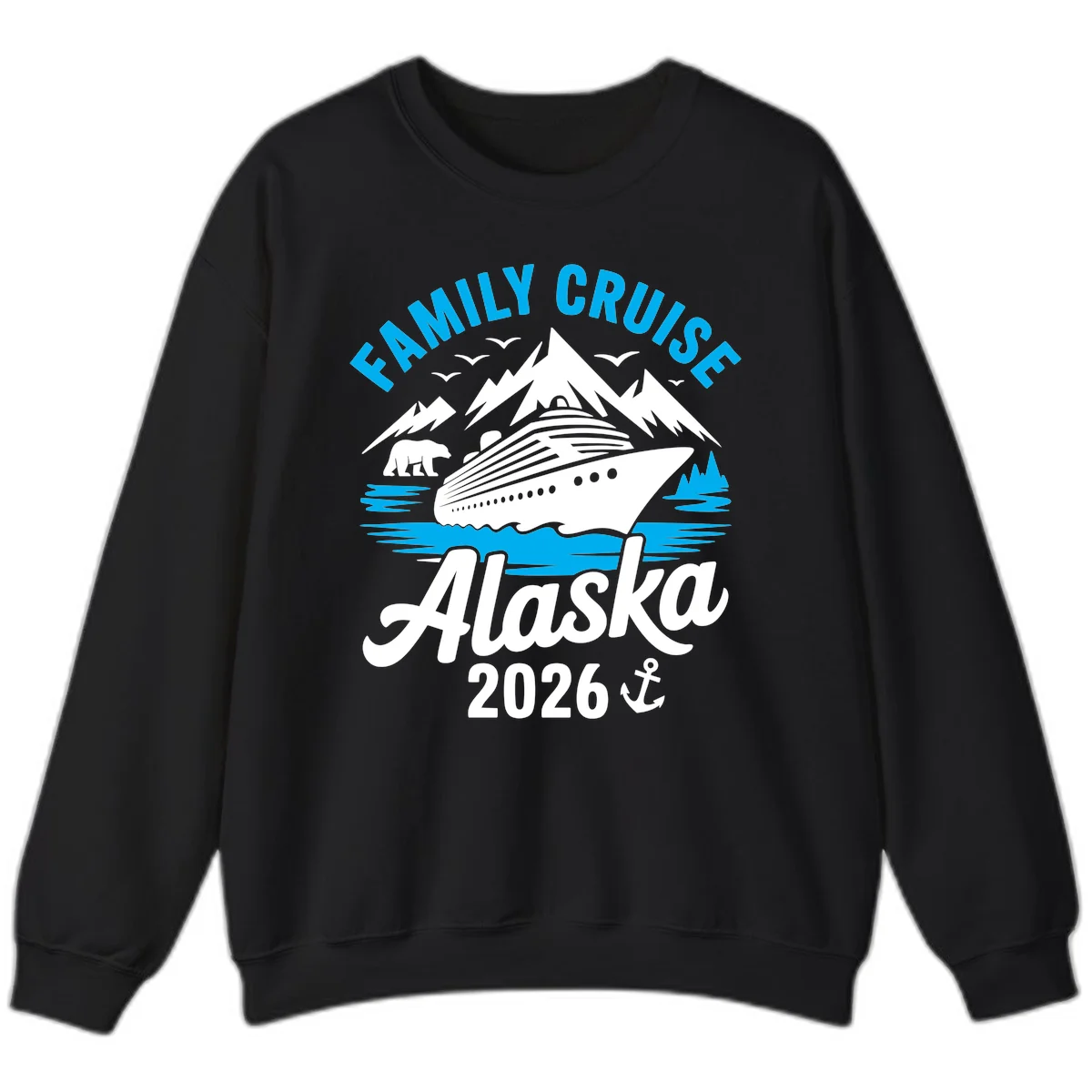 Family Cruise Alaska Mountain Scenic Crewneck Sweatshirt in Black