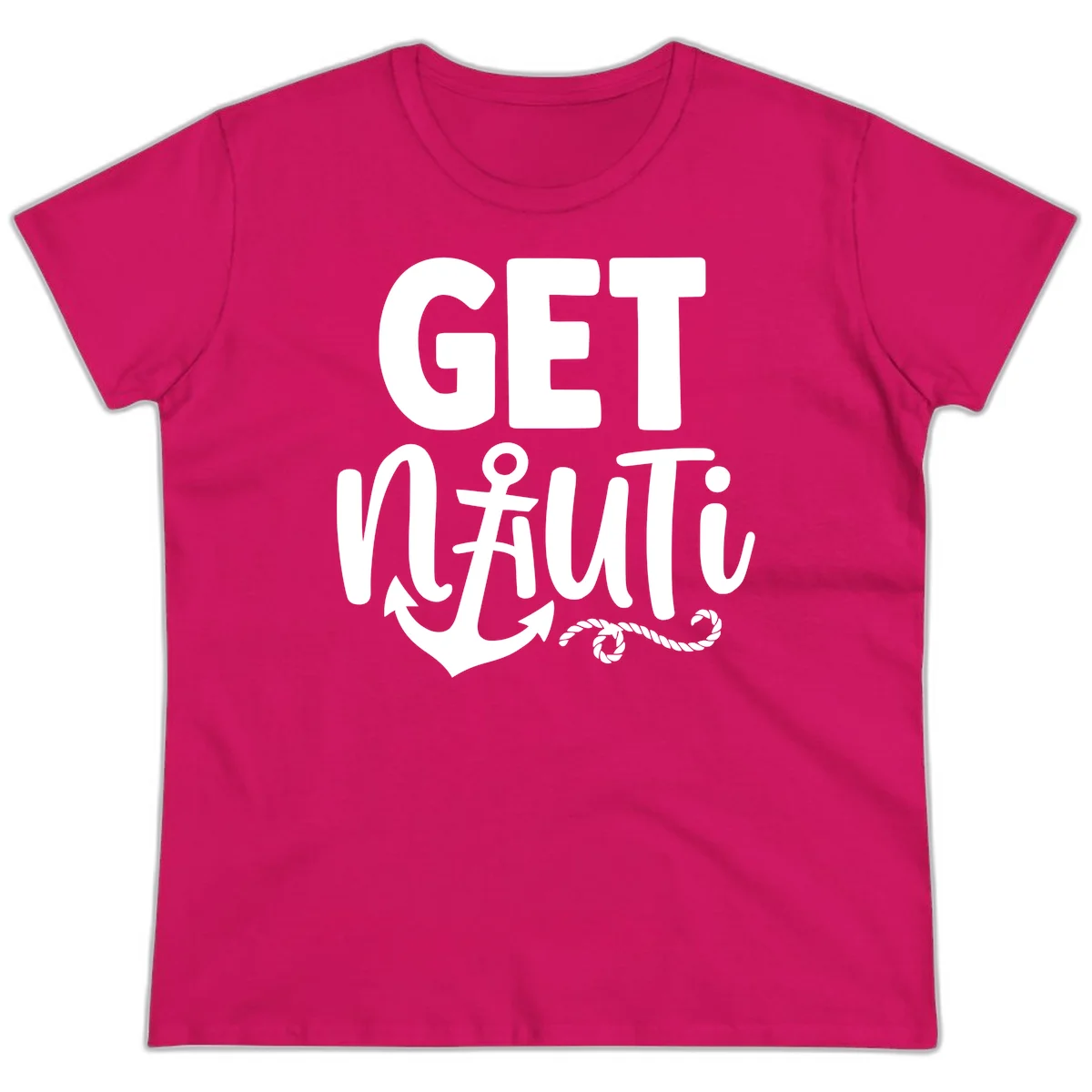 Get Nauti Nautical Pun with Anchor Ladies Tee in Heliconia
