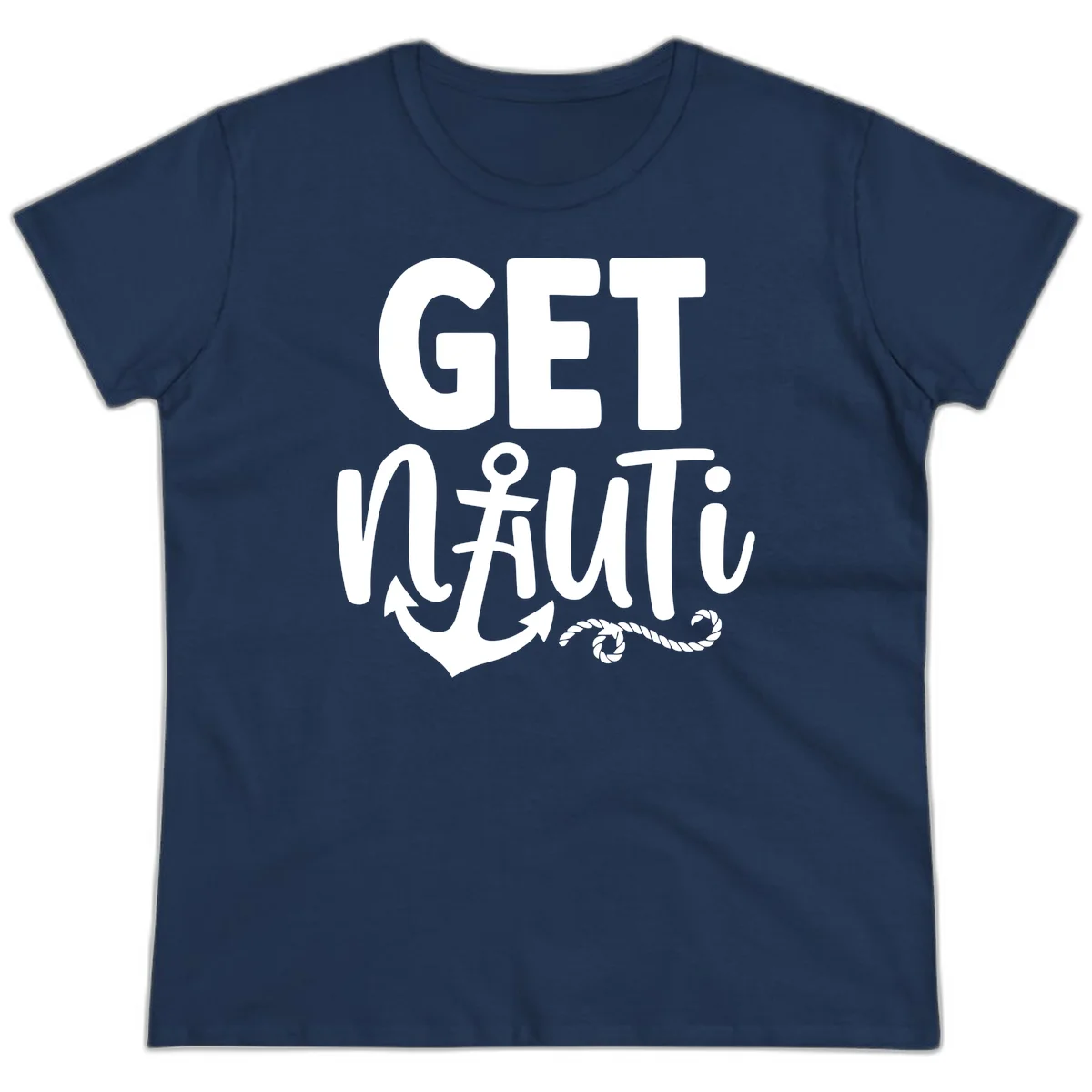 Get Nauti Nautical Pun with Anchor Ladies Tee in Navy